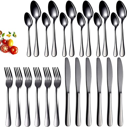 24-Piece Stainless Steel Silverware Flatware Set - Steak Knives, Forks & Dinner Spoons - Elegant Western Dinnerware for Restaurants, Home Kitchen & Outdoor Dining (Black)