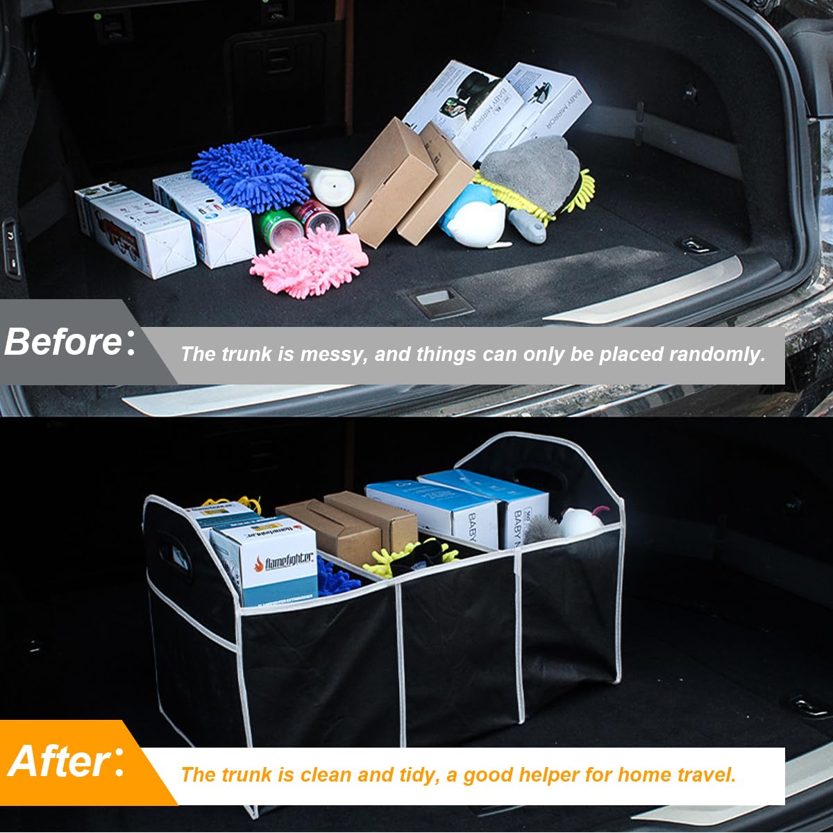 Foldable Car Trunk Organizer with 3 Compartments - Large Capacity Waterproof Storage Box for SUV, Truck, Van - Portable Auto Organizer for Travel, Camping & Road Trips