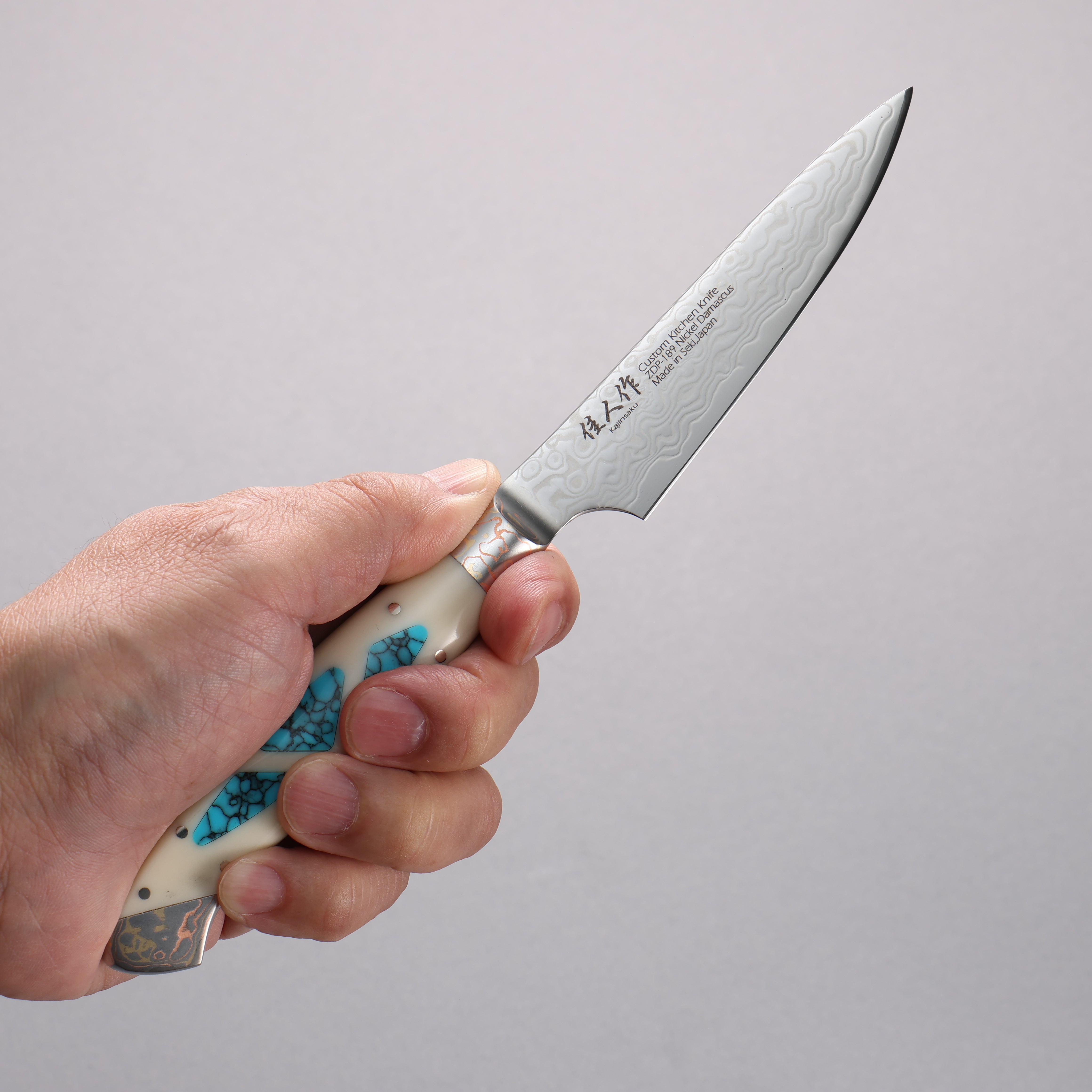 Premium ZDP189 Damascus Steel Petty Utility Knife 95mm - Corian Handle with Turquoise Inlay - Perfect for Kitchen, Camping & Outdoor Cooking