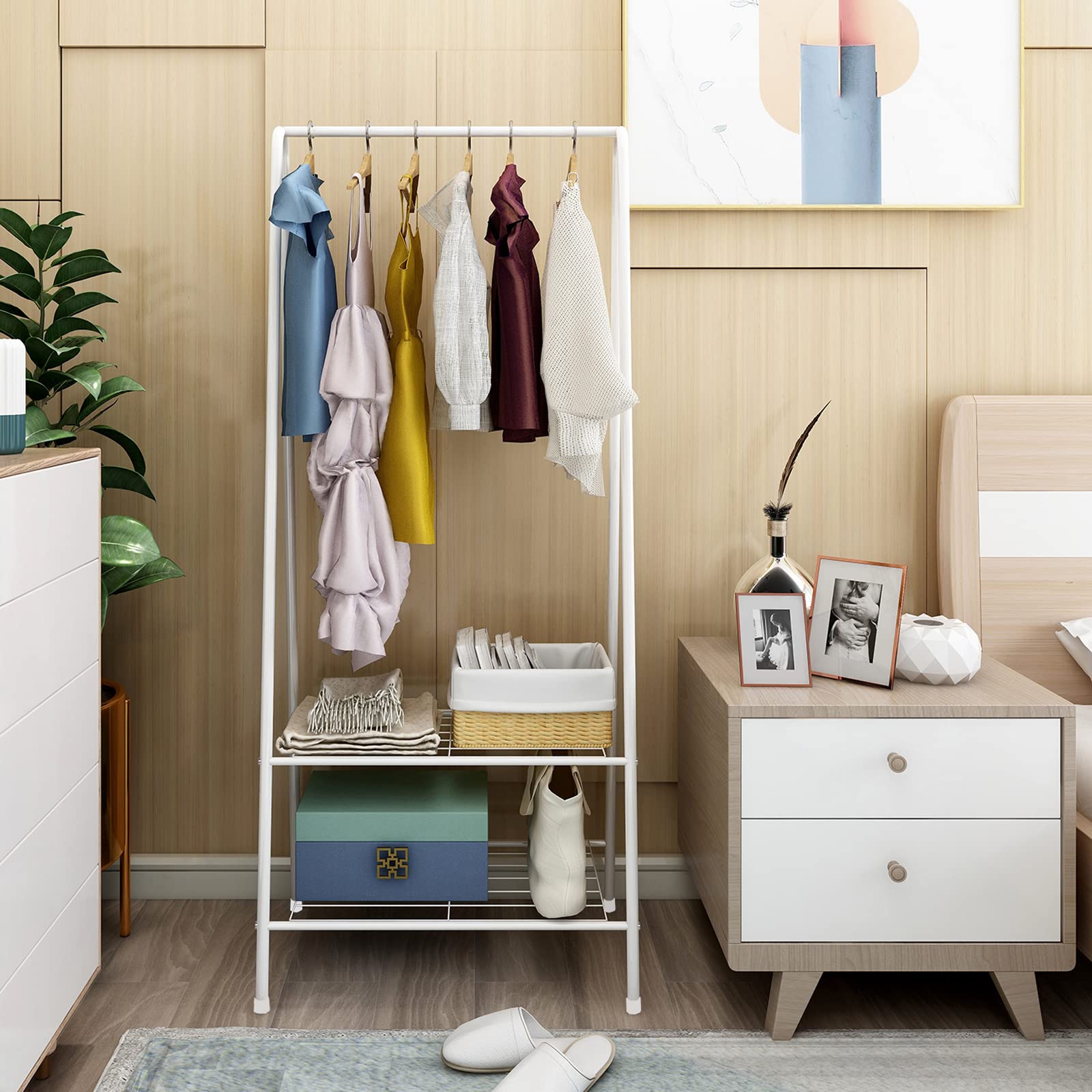 Heavy Duty Portable Garment Rack with 2-Tier Shelves - Freestanding Metal Clothes Hanger Organizer for Bedroom, Closet & Laundry Room - White Wardrobe Storage Solution for Jackets, Dresses & Coats