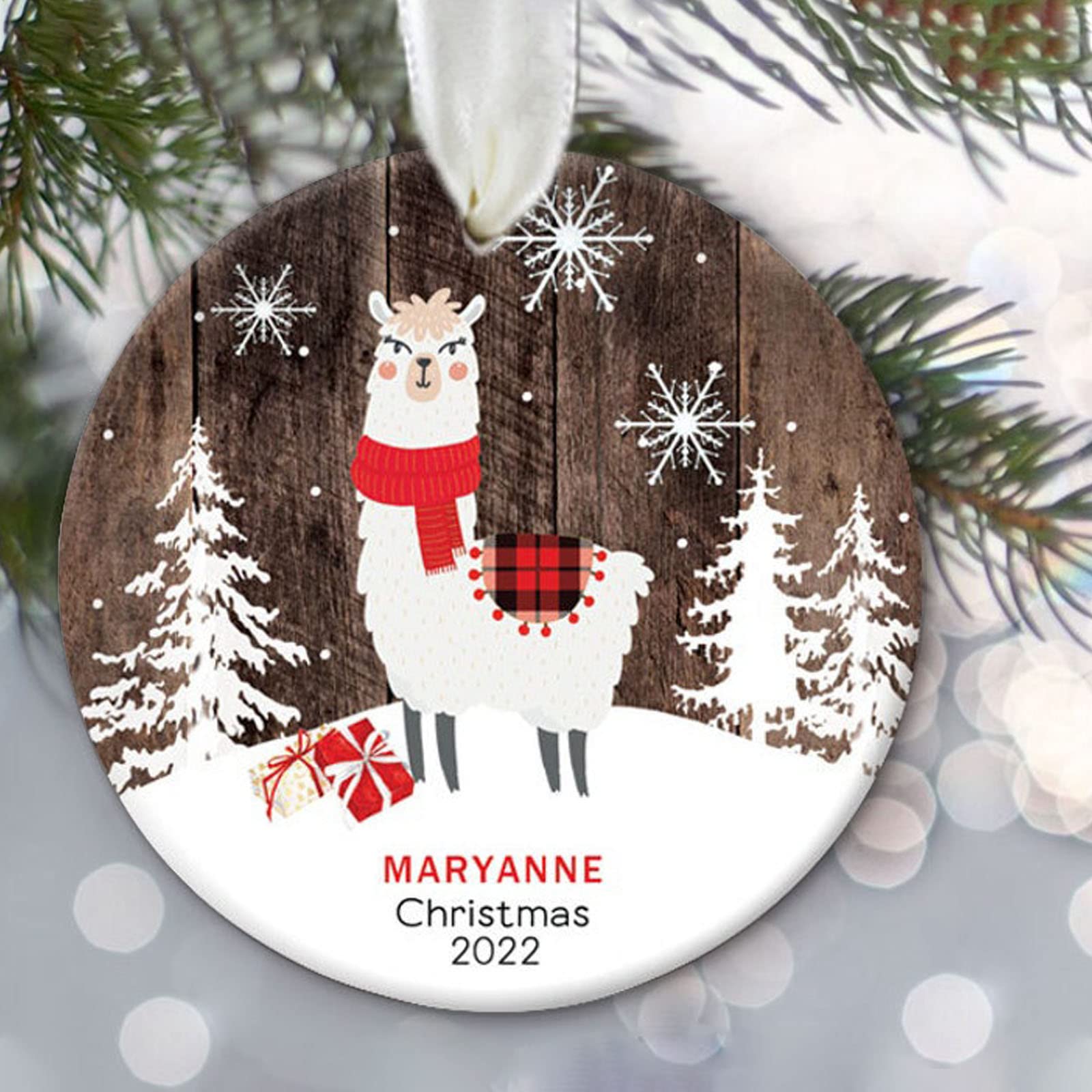 Personalized Llama Christmas Ceramic Ornament - Custom Holiday Gift for Him, Her, Newborn Baby Boy or Girl - Unique New Baby Gift for Nursery Decor & Christmas Tree Decoration