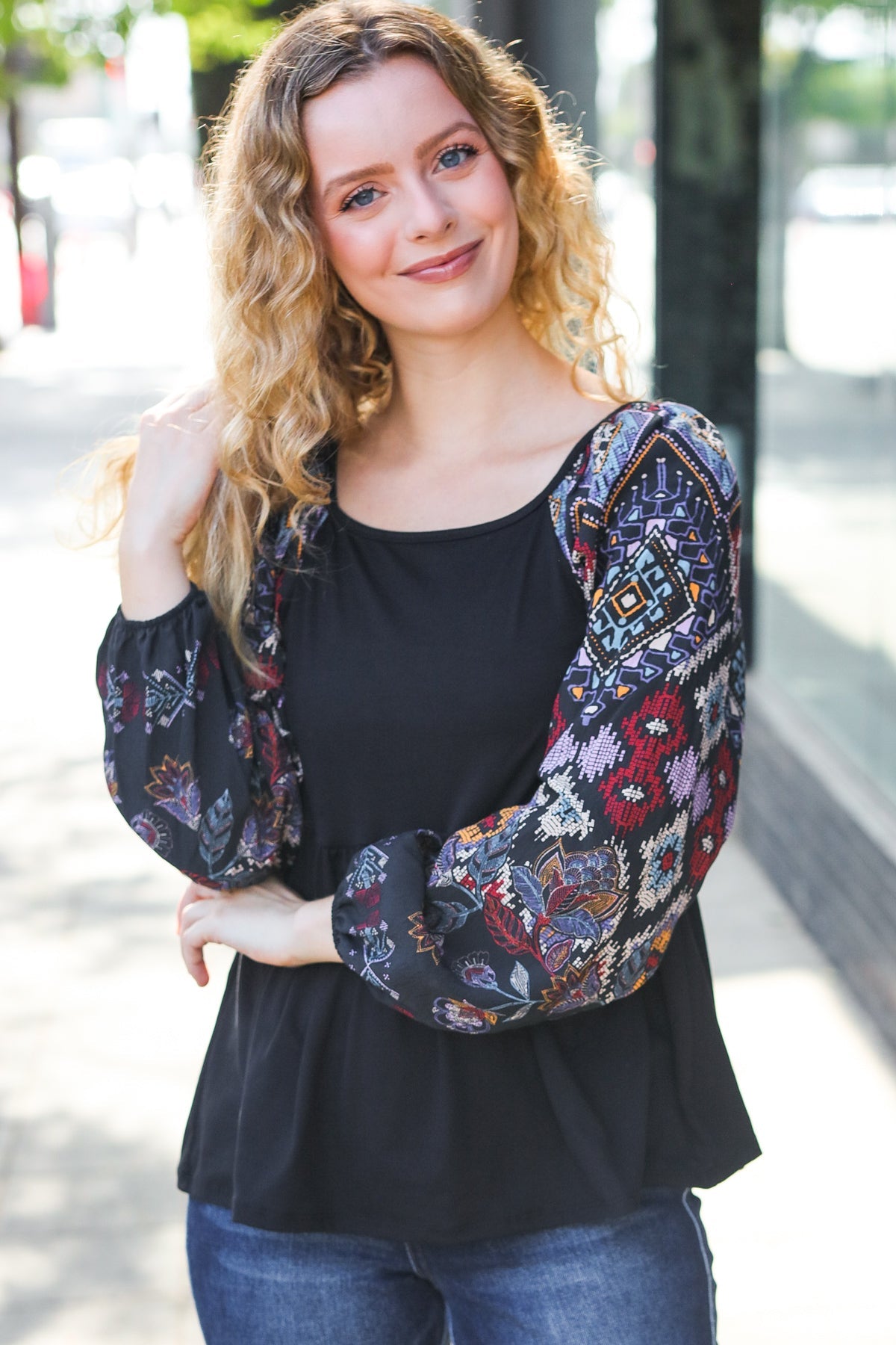Stylish Black Square Neck Border Print Bubble Sleeve Blouse for Women | Trendy Floral Summer Top | Perfect for Date Night, Office Wear & Casual Outings