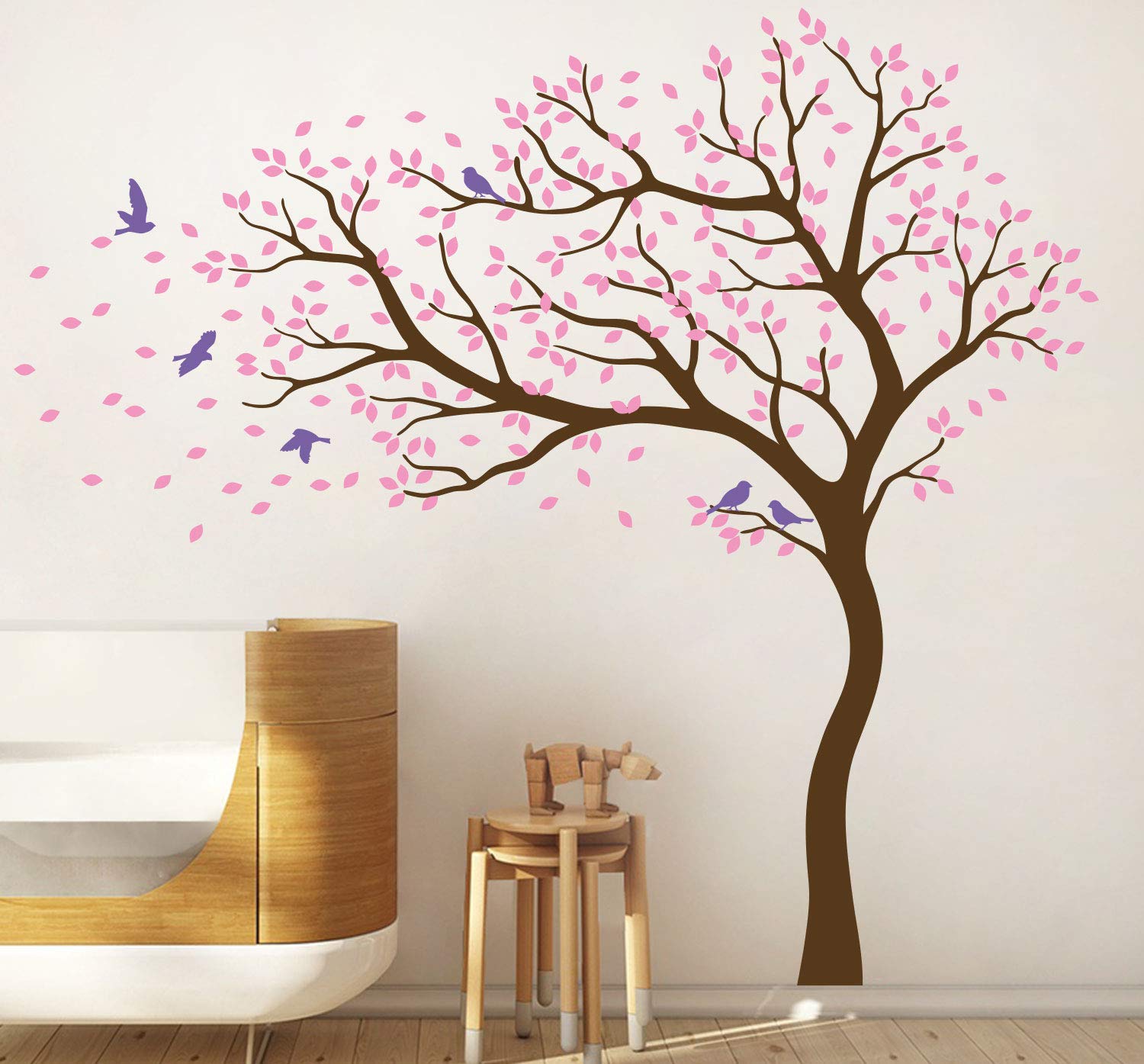 Large Tree Wall Decal - Forest Mural Sticker with Wind Effect | Nursery Wall Art in Brown, Soft Pink & Lavender | Perfect for Kids' Rooms, Living Room Decor & Nature-Themed Spaces