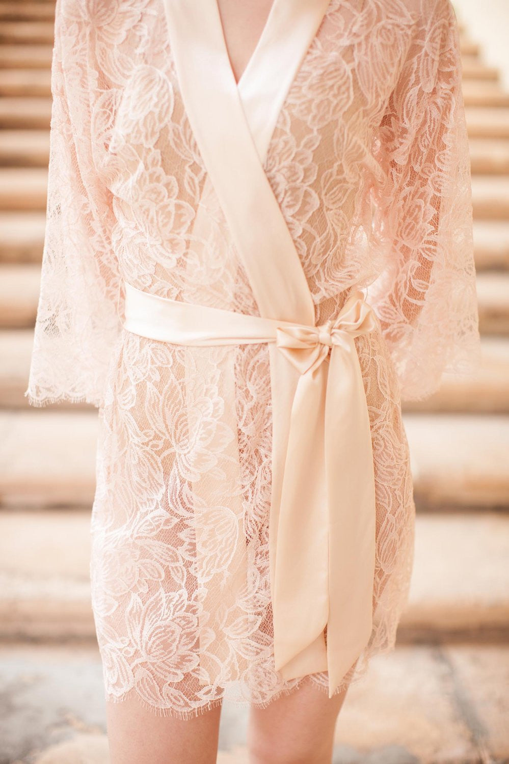 Blush Pink Tulip French Lace & Silk Kimono Robe - Elegant Loungewear for Bridal Shower, Honeymoon & Spa Days