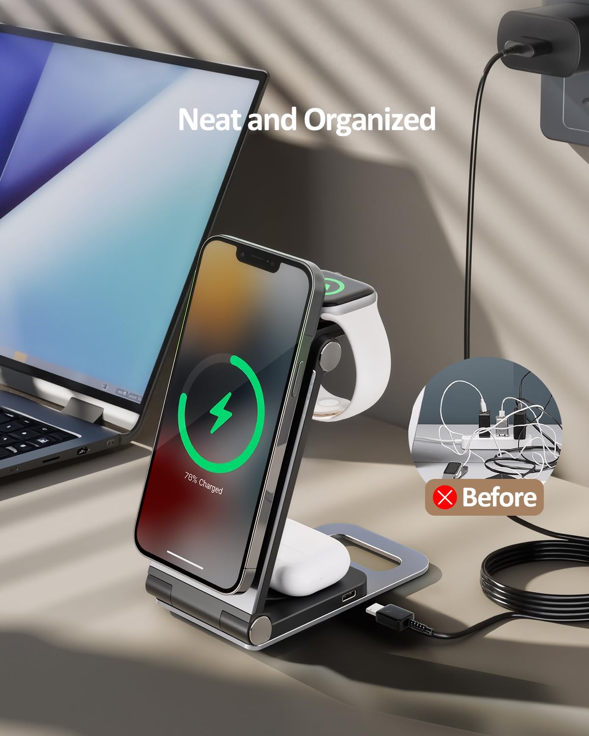 15W Fast Wireless Charger with Sleep-Friendly Adaptive Light - Compatible with iPhone 16/15/14/13/Pro/XS/8 Plus, Samsung Galaxy S23/S22/S21/Note 20, Google Pixel - Black | Perfect for Bedside, Office & Travel Charging