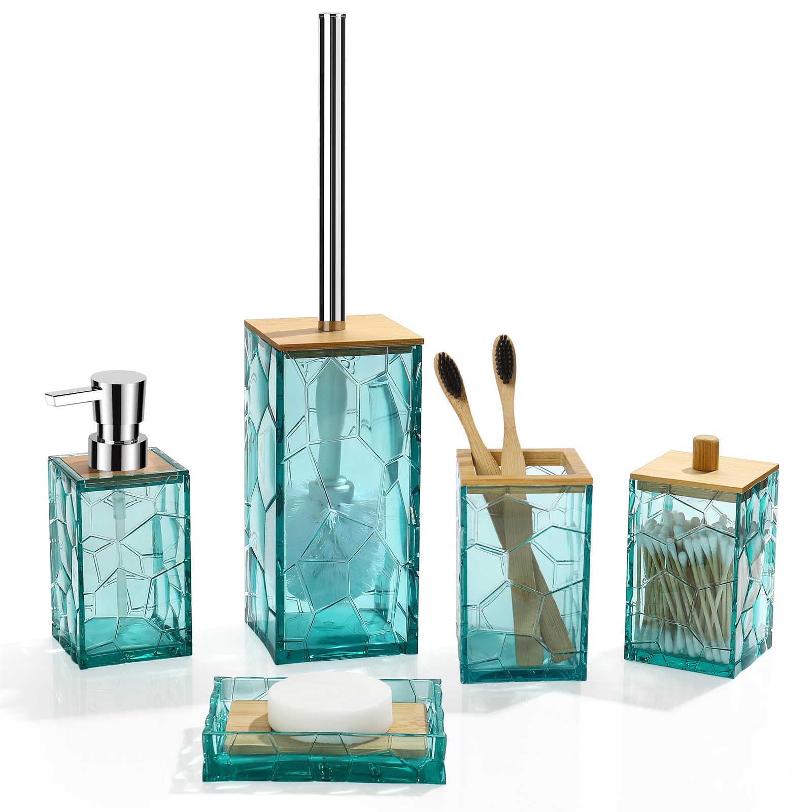 Teal Blue Beach Bathroom Accessories Set - Acrylic Toothbrush Holder, Soap Dispenser, Cotton Swab Organizer, Soap Dish & Toilet Brush with Holder | Boho Coastal Decor for Bathroom, Guest Room & Vacation Homes