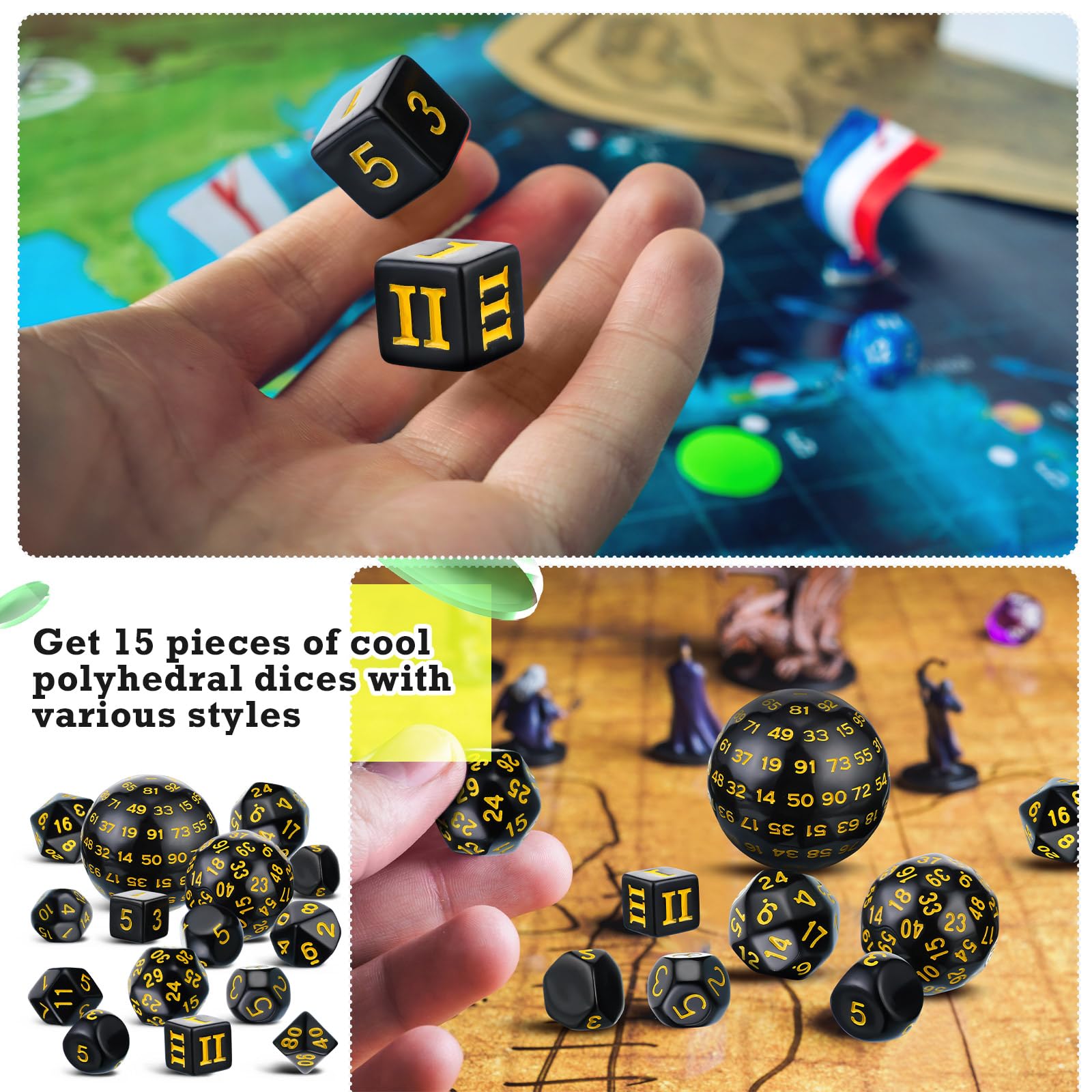 15-Piece Complete Polyhedral Dice Set D3-D100 | Opaque Black & Yellow RPG Dice for Dungeons & Dragons, Pathfinder | Perfect for Tabletop Gaming, D&D Campaigns & Role-Playing Game Nights