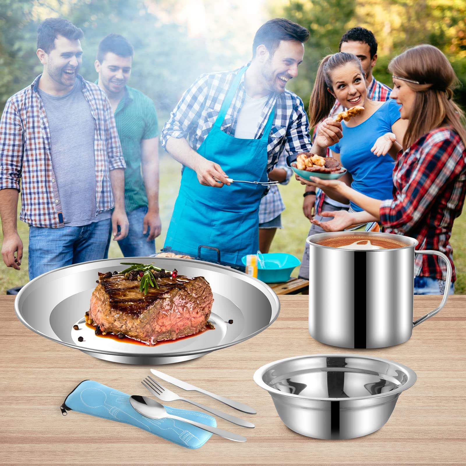 Stainless Steel Camping Mess Kit for 2 - Plate, Bowl, Cup & Utensils | Perfect for Camping, Backpacking & Hiking