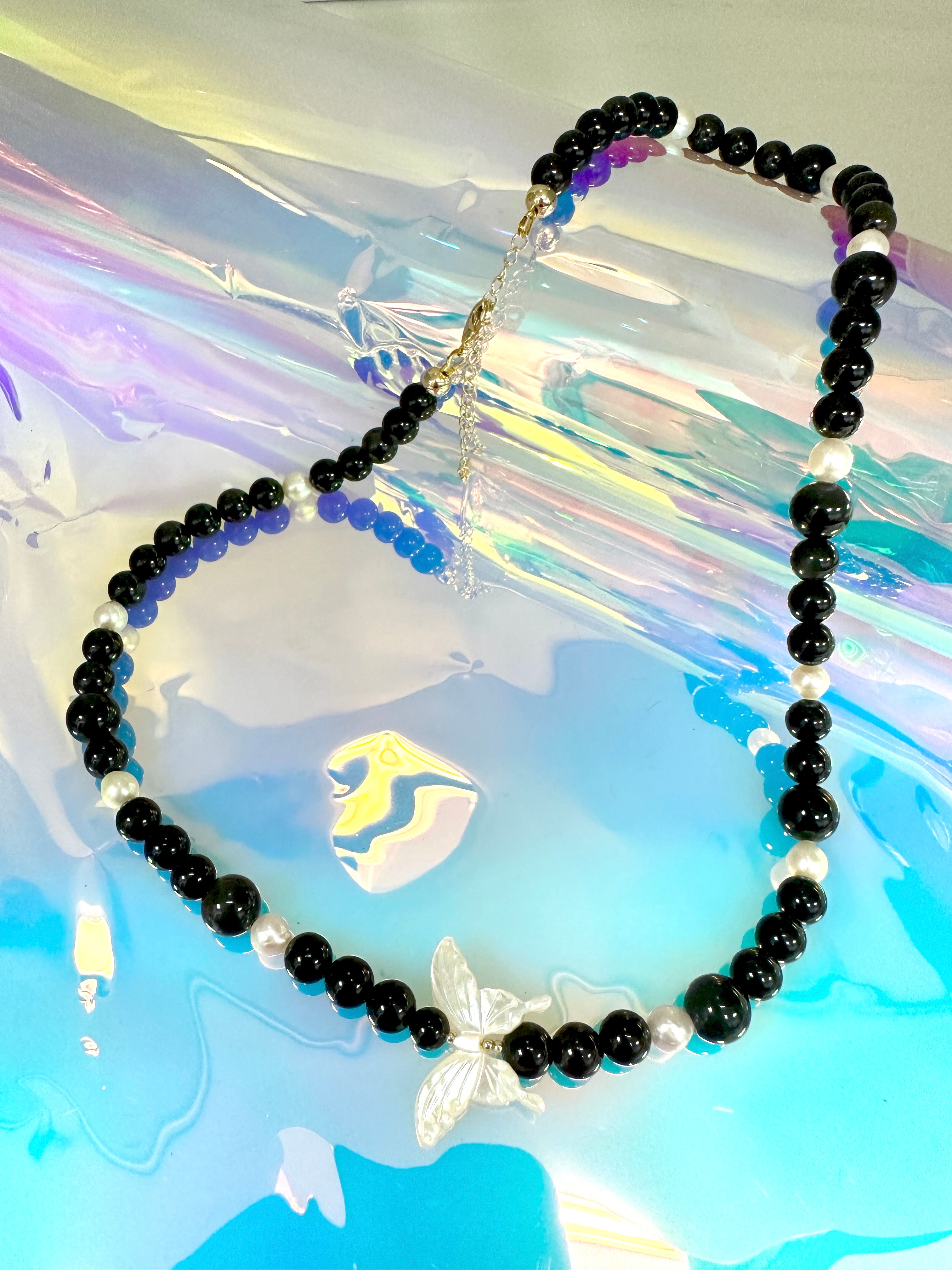 Black Obsidian & White Butterfly Charm Statement Necklace LN069 | Elegant Crystal Jewelry for Women, Gift for Her, Boho Chic Accessory for Parties, Date Night & Special Occasions