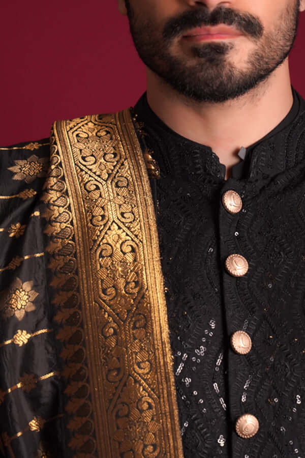Elegant Jet Black Cordoba Artwork Sherwani for Men | Premium Embroidered Wedding Sherwani | Traditional Pakistani/Indian Formal Wear for Weddings, Festivals & Special Occasions