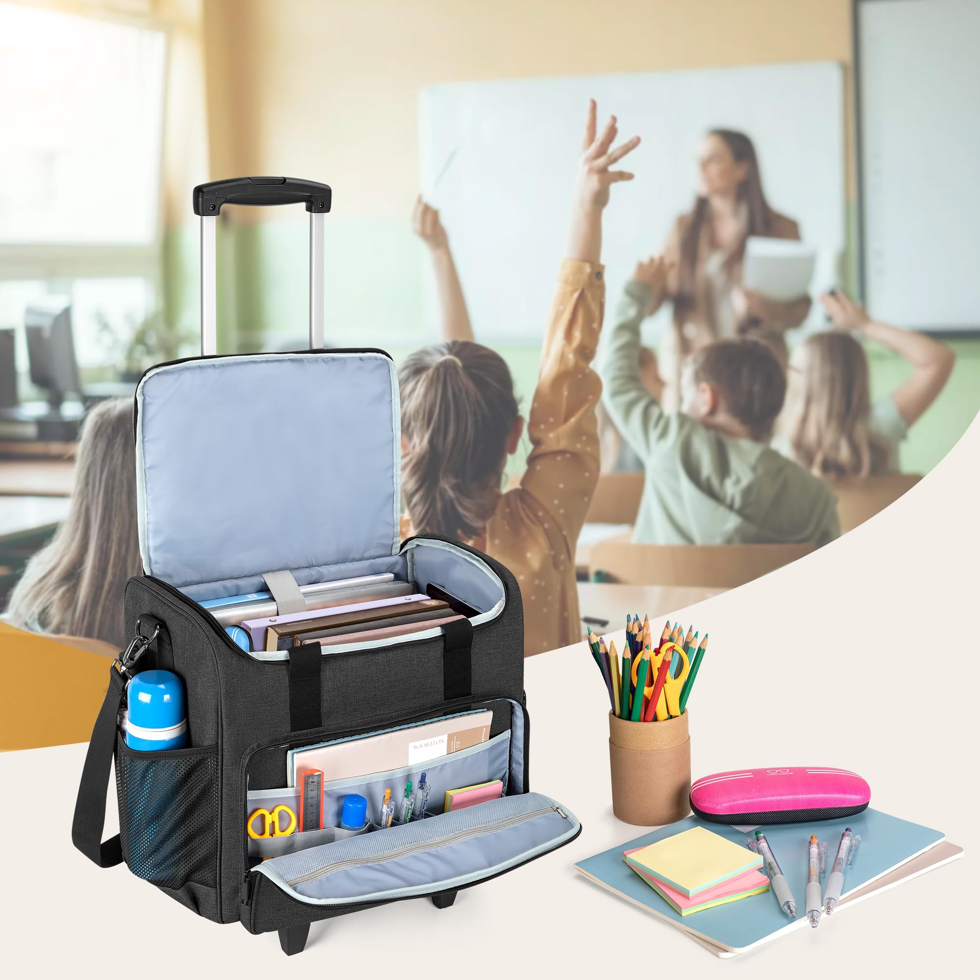 Trunab Rolling Teacher Bag with Detachable Trolley & Padded Sleeves - Wheeled Teacher Tote with Bottom Pad Fits 15.6” Laptop - Perfect for Classroom, School Supplies & Teacher Commute