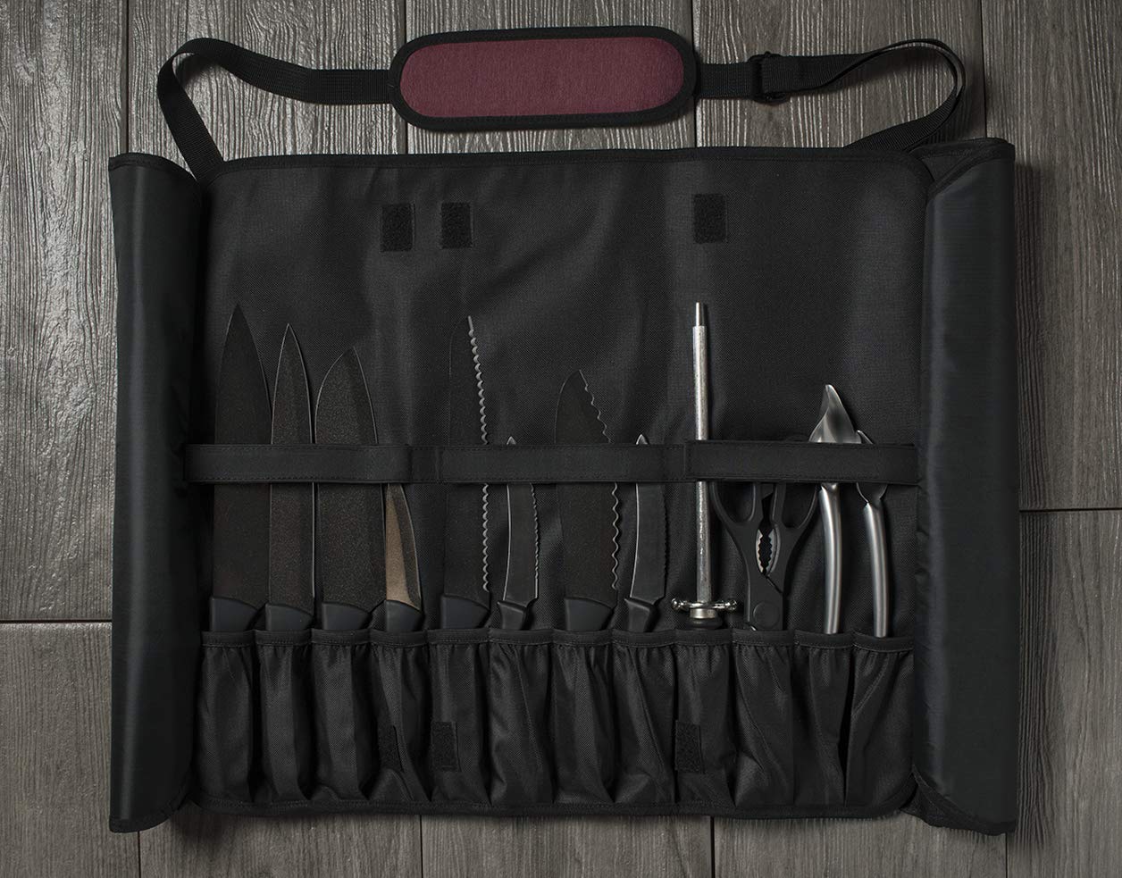 Asaya Professional Chef Knife Roll Bag - 20 Pockets for Knives & Kitchen Utensils - Stain-Resistant Waxed Nylon - Perfect for Chefs, Culinary Students & Home Cooks - Great for Cooking Classes, Restaurant Work & Travel (Red) - Knives Not Included