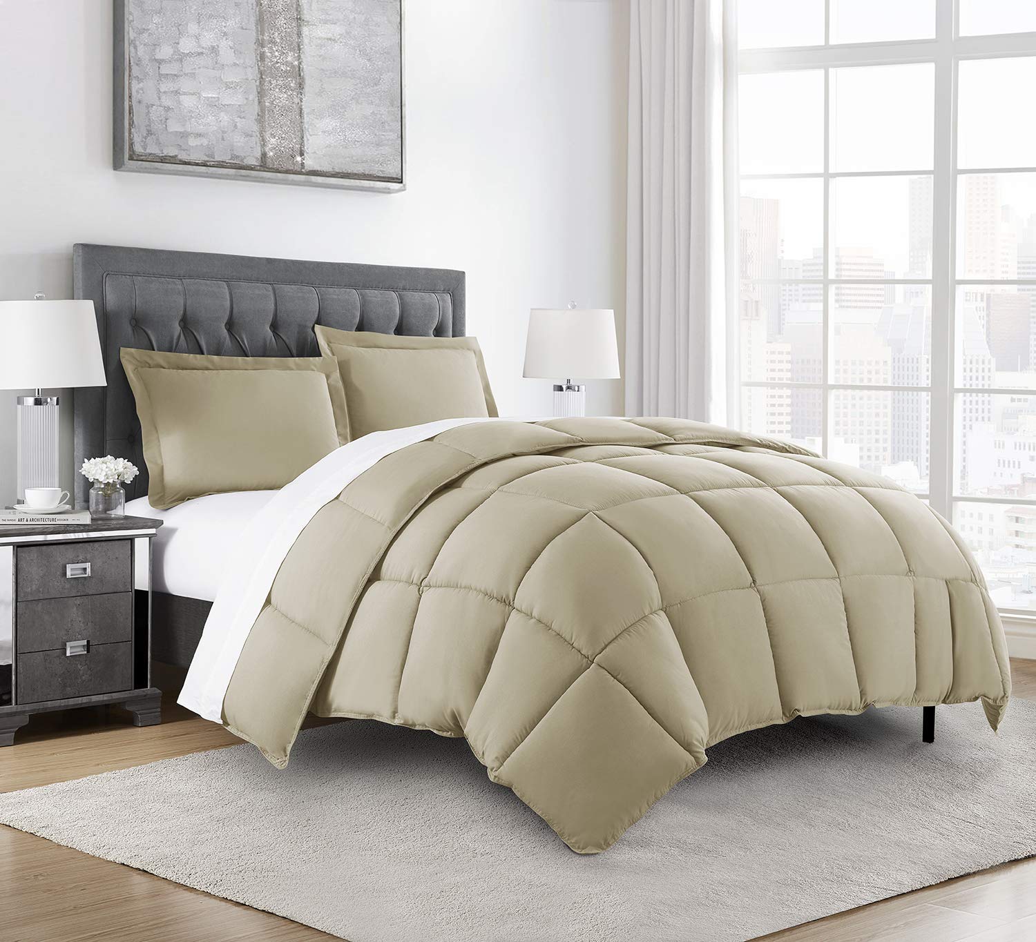 Premium 100% Cotton Oversized Queen Comforter - All Season 500 GSM Ultra Soft Fluffy Blanket with Corner Tabs & Box Stitching | Winter Warm Bedding Set Includes 2 Pillow Shams (Khaki) - Perfect for Cozy Nights, Guest Rooms & Luxury Hotel Style Bedrooms