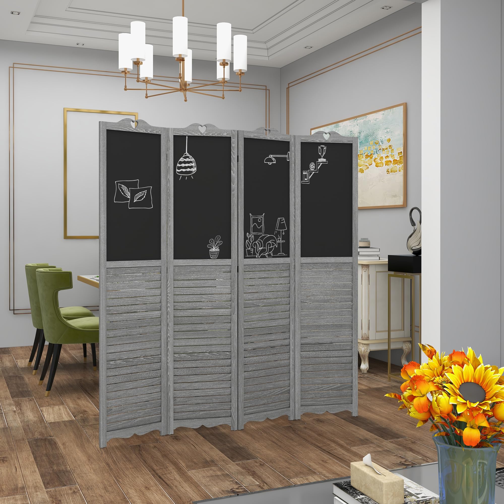 HOMCOM 4-Panel Folding Room Divider with Blackboard - 5.5 Ft Tall Freestanding Privacy Screen for Bedroom, Office, or Classroom - Gray - Perfect for Space Partition, Home Decor, and Creative Writing Surfaces
