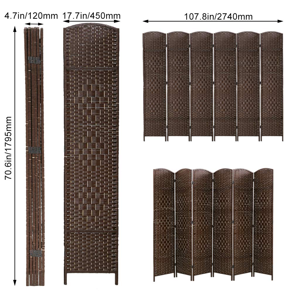 HGS 6 Panel Wooden Room Divider - 6FT Foldable Privacy Screen, Freestanding Partition with Weave Fiber Design in Brown | Perfect for Home Office, Bedroom Separation, and Event Spaces