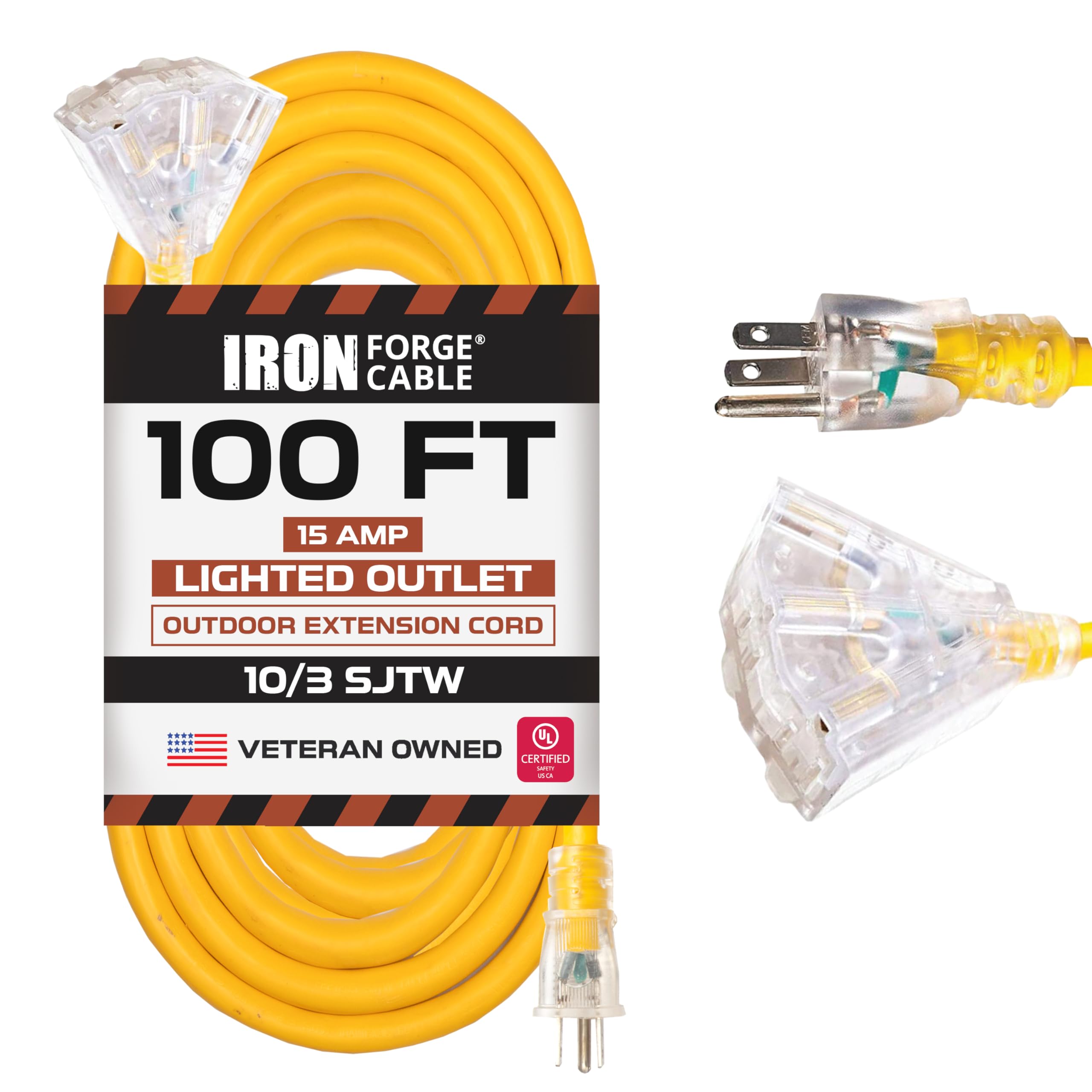 10 Gauge Heavy Duty Extension Cord 100ft - 3 Outlet Pigtail Power Cable, 10/3 SJTW Weatherproof Yellow Extension Cord with Grounded 3 Prong Plug for Major Appliances - Perfect for Workshops, Construction Sites, Outdoor Events and Home Use