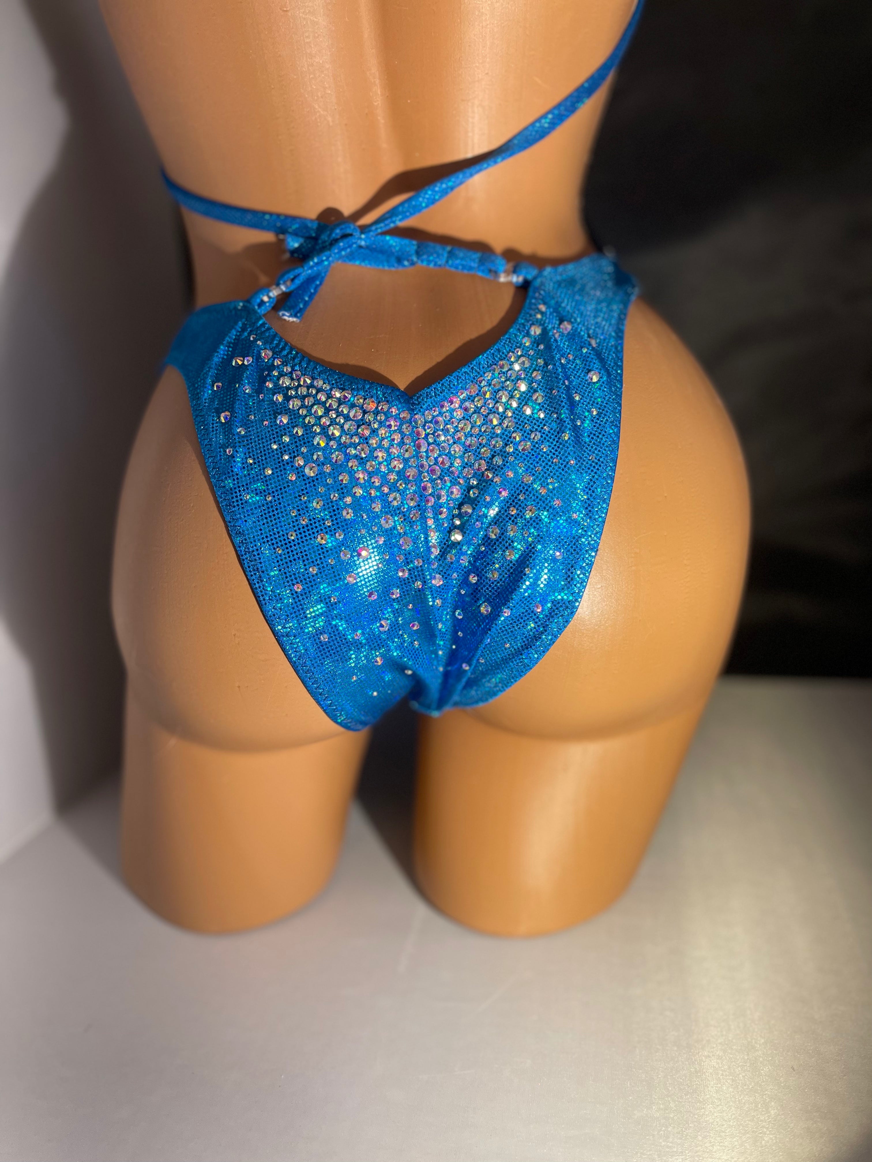 Stunning Turquoise Shattered Glass AB Rhinestone Burst Figure Physique Bodybuilding Posing Suit - Competition, Stage Performance, Fitness Shows