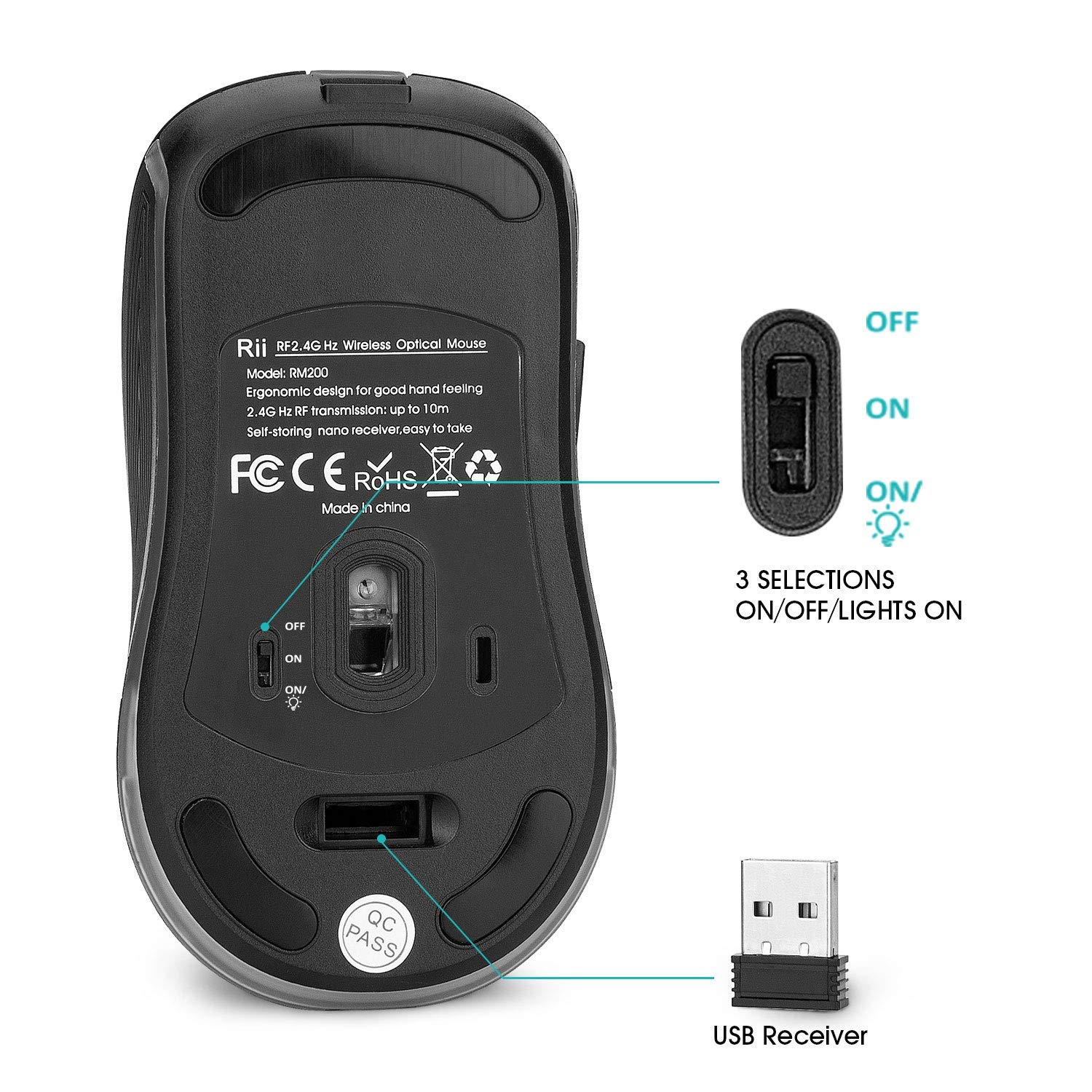 Rii RM200 Wireless Gaming Mouse - 1600 DPI, 5 Programmable Buttons, Rechargeable, RGB LED Lights for PC, Laptop, Mac | Perfect for FPS, MOBA Games & Office Work