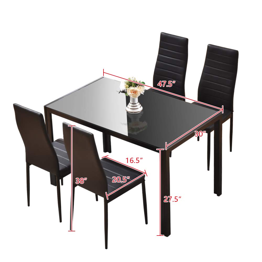 5-Piece Modern Glass Dining Table Set with Tempered Glass Top & PU Leather Chairs - Black Kitchen & Dining Room Furniture for Family Gatherings & Dinner Parties