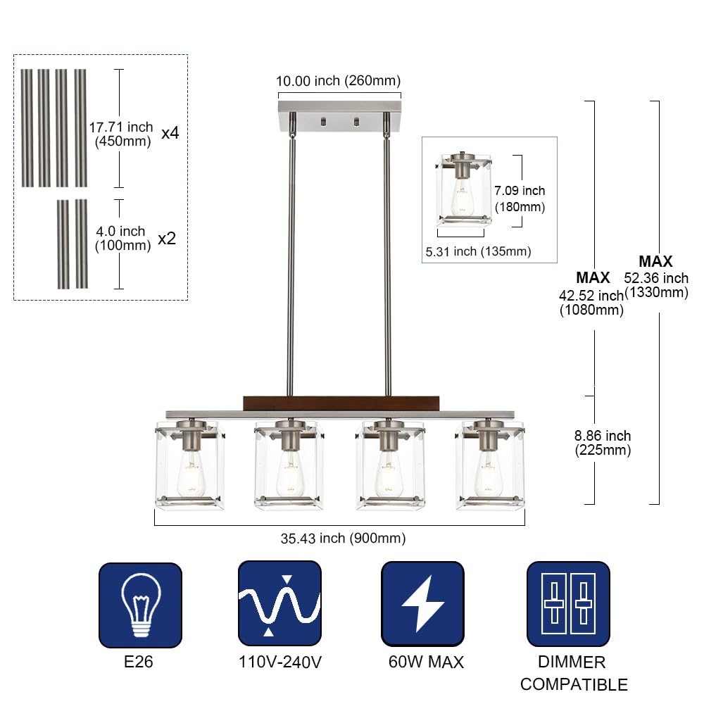 4-Lights Wood Frame Linear Pendant Light Fixture with Clear Glass - Modern Brushed Nickel Kitchen Island Lighting for Dining Room, Breakfast Bar & Restaurant Decor