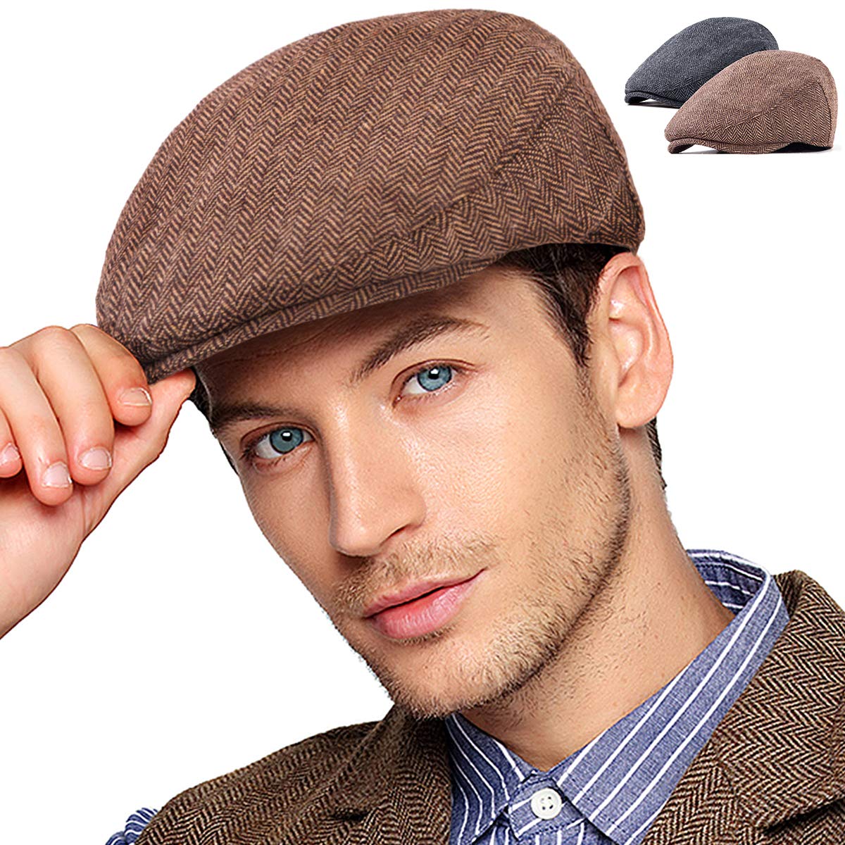 2-Pack Adjustable Newsboy Hats for Men & Women - Wool Blend Tweed Flat Cap - Vintage Irish Cabbie Style - Perfect for Casual Wear, Outdoor Activities & Costume Parties