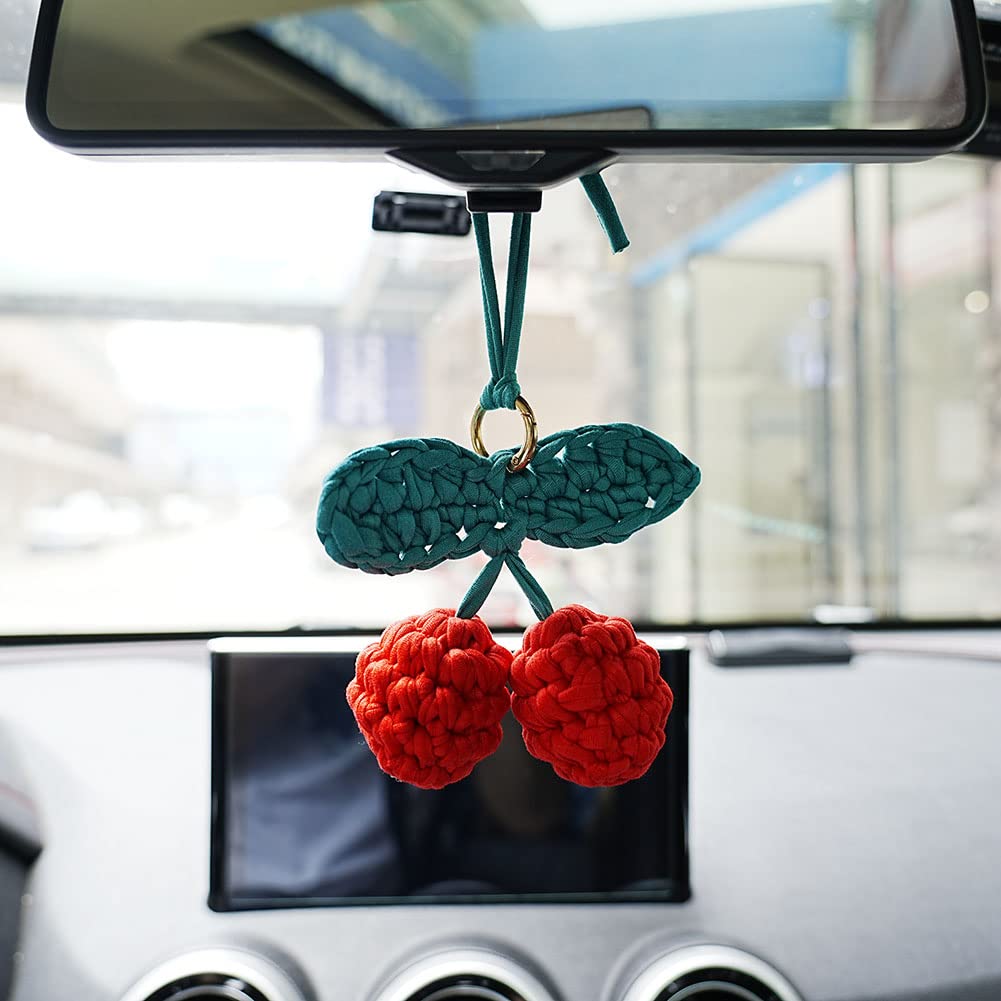 Hand Knitted Cherry Pendant - Cute Car Rear View Mirror Hanging Ornament, Boho Car Accessories Gift for Women, Perfect for Road Trips & Daily Commute