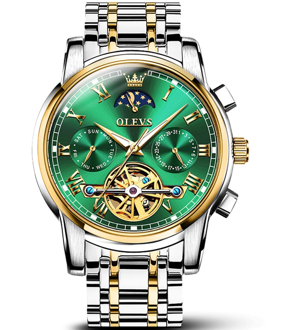 OLEVS Automatic Self-Winding Men's Watch with Date & Day Calendar, Stainless Steel Skeleton Tourbillon Watch - No Battery, Waterproof for Everyday Wear & Business Occasions