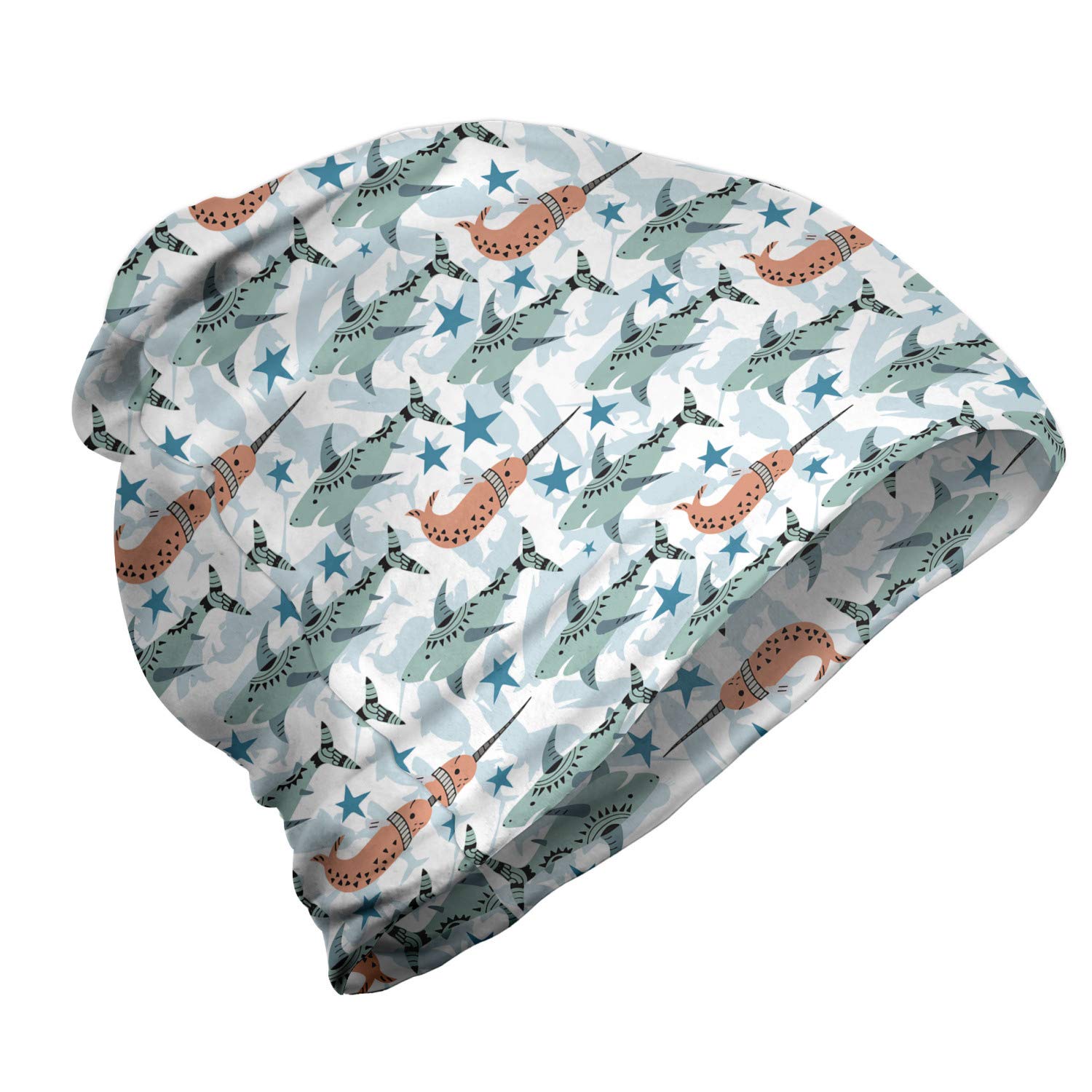 Ambesonne Unisex Beanie - Sea Sharks & Narwhals Design - Warm Winter Knit Hat for Men & Women - Perfect for Hiking, Skiing & Outdoor Activities