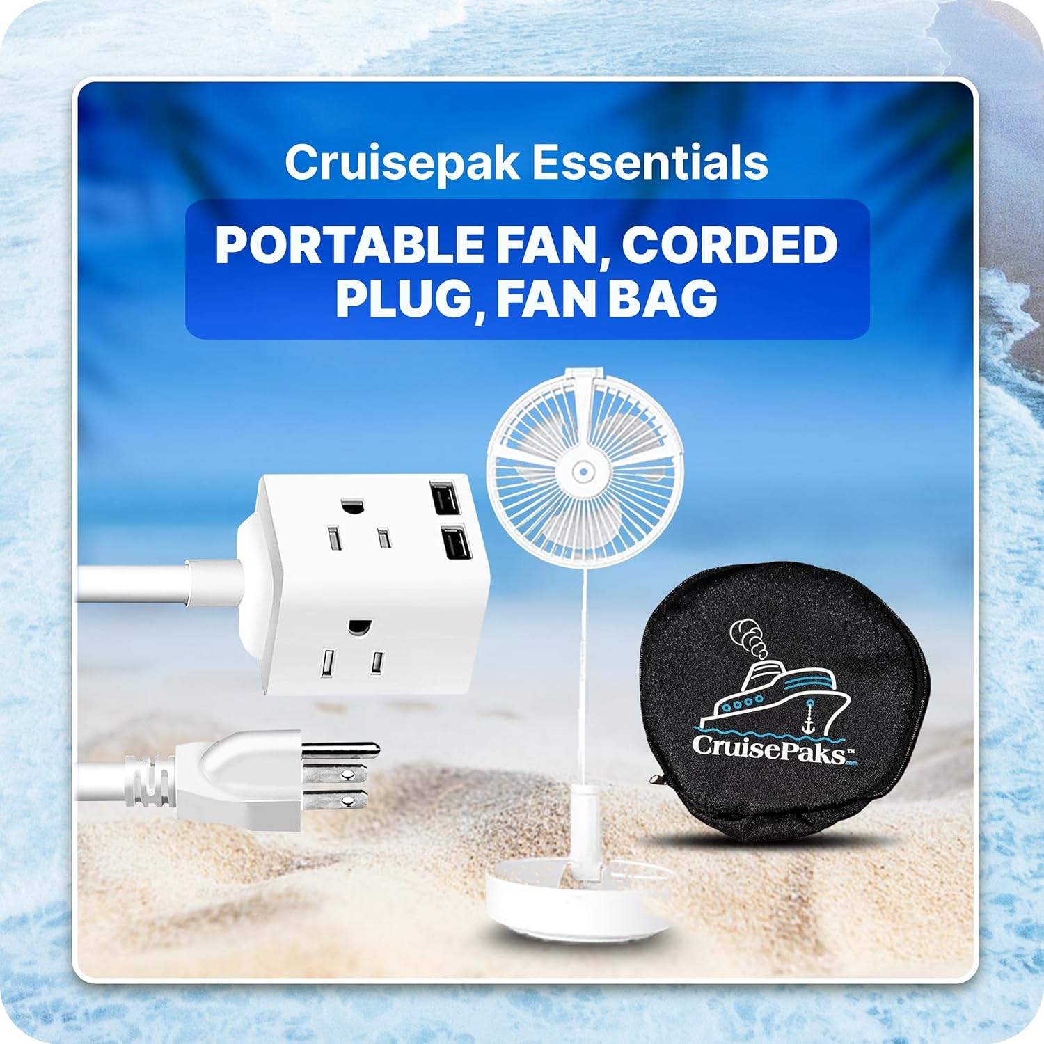 Cruise Essentials Travel Bundle - Mini Humidifier (White/Black), Multi Plug Adapter, Portable Fan with Carrying Case | Perfect for Cruise Vacations, Road Trips & Hotel Stays