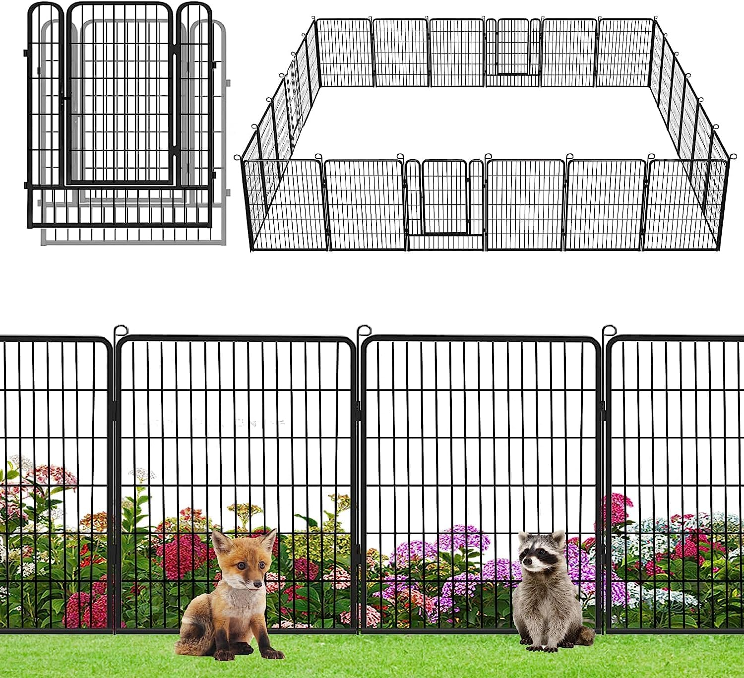 YMW 24-Panel 40in(H) x 64ft(L) Metal Garden Fence with Gate - Animal Barrier, Temporary Yard Fencing for Patio, Flower Beds & Vegetable Gardens | Outdoor Decorative Landscape Edging & Privacy Fence for Backyard, Pool Area & Dog Run