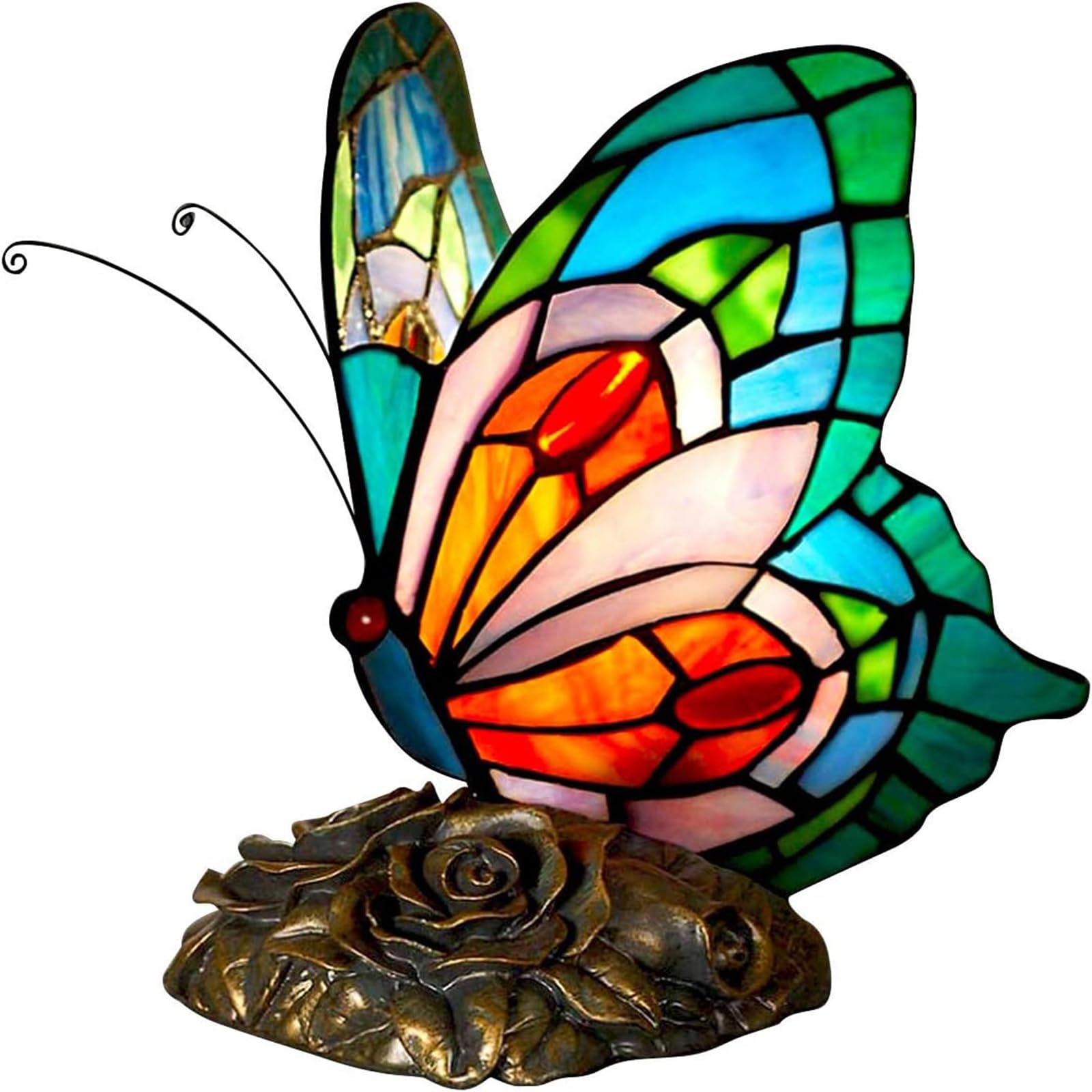 Tiffany Blue LED Bedside Table Lamp with Stained Glass Shade - Butterfly Fairy Nightstand Lamp with On/Off Switch for Home, Office & Bedroom - Perfect Night Light & Gift for Girls, Grandma & Mother's Day (Includes Gift Box)