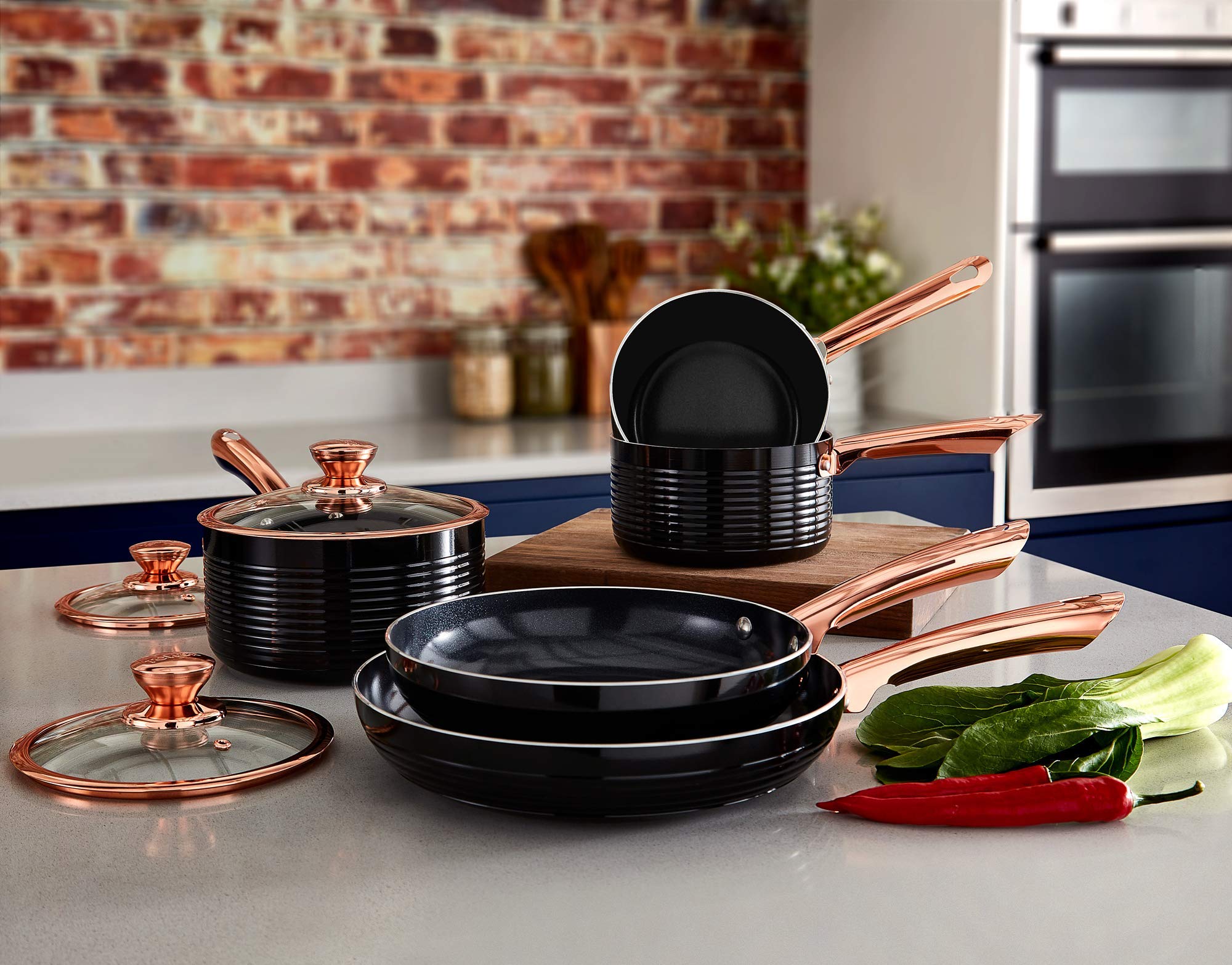Premium 5-Piece Non-Stick Cerasure Coating Tower Linear Induction Pots and Pans Set - Black & Rose Gold (16cm/18cm/20cm Saucepans + 24cm/28cm Frying Pans) for Professional Cooking & Everyday Kitchen Use