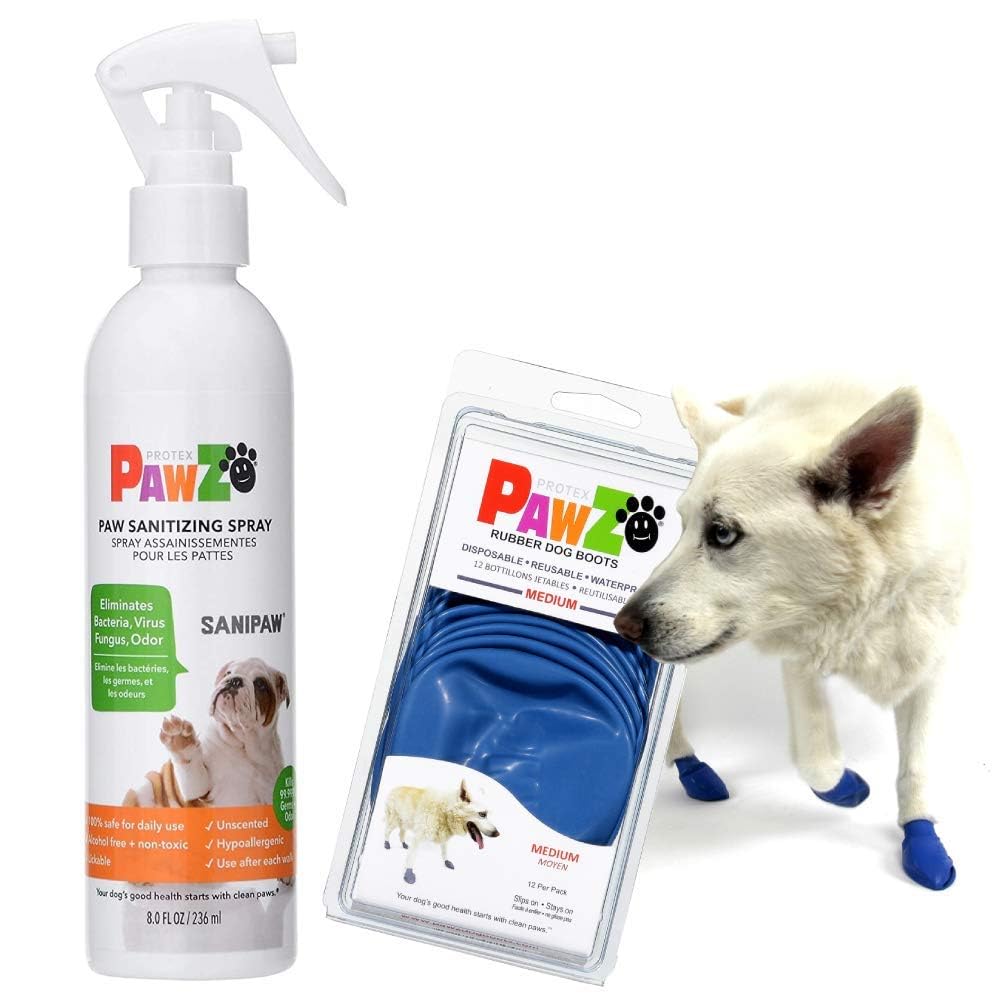 PawZ M Dog Boots & Paw Sanitizer Spray - Waterproof Pet Shoes for Walking, Hiking & Outdoor Protection with Paw Cleaning Spray for Dogs