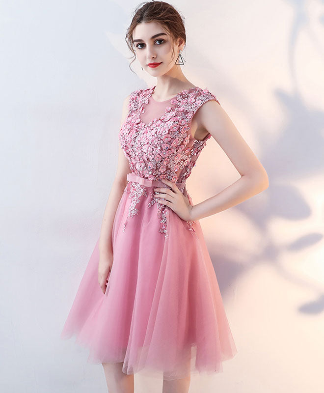 Elegant Pink Tulle Lace Short Prom Dress with Floral Appliques - Homecoming Party Dress for Teens - Perfect for Prom Night, Sweet 16, Quinceañera & Formal Dances
