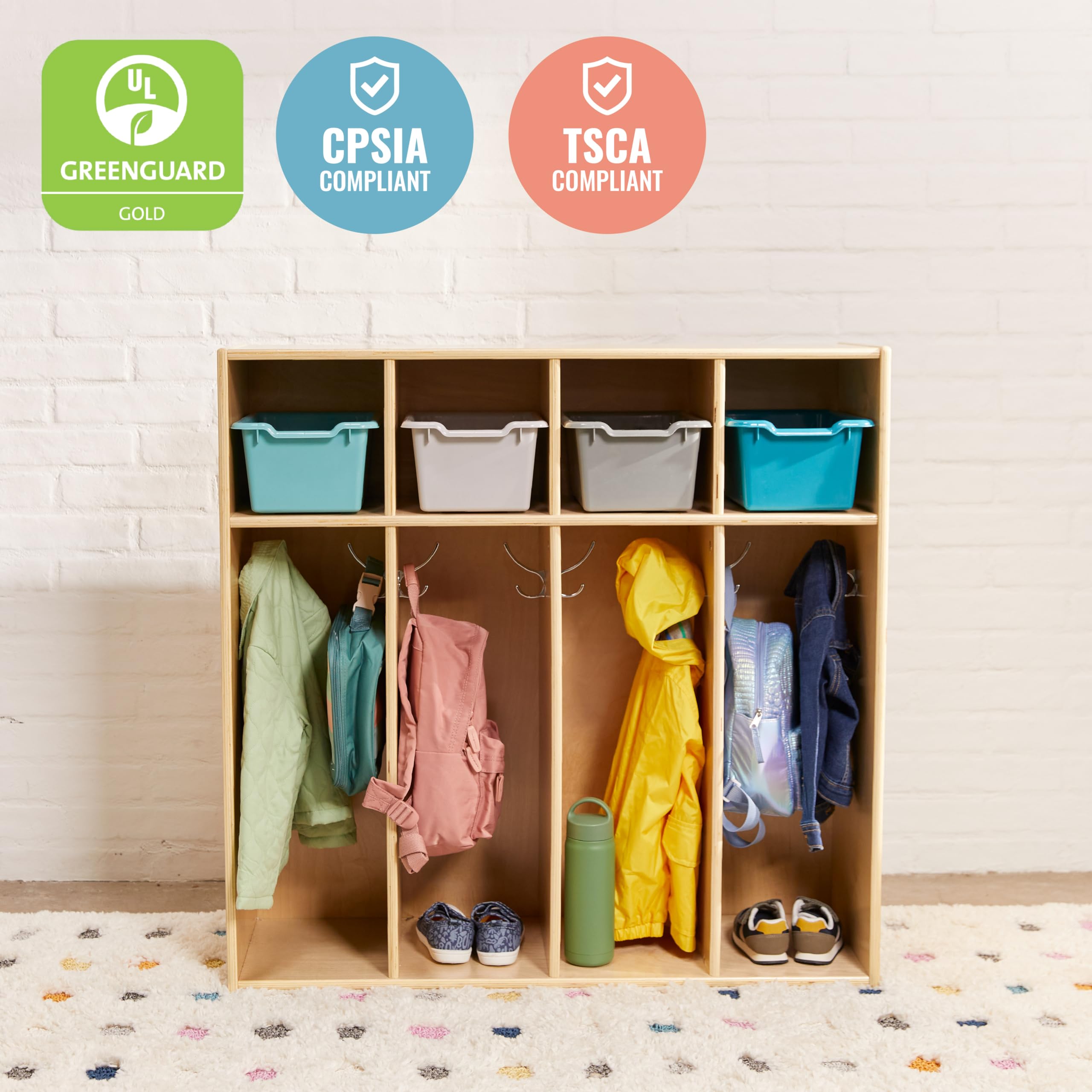 ECR4Kids Streamline 4-Section Coat Locker for Toddlers - Natural Wood Kids Furniture for Daycare, Preschool & Home Organization
