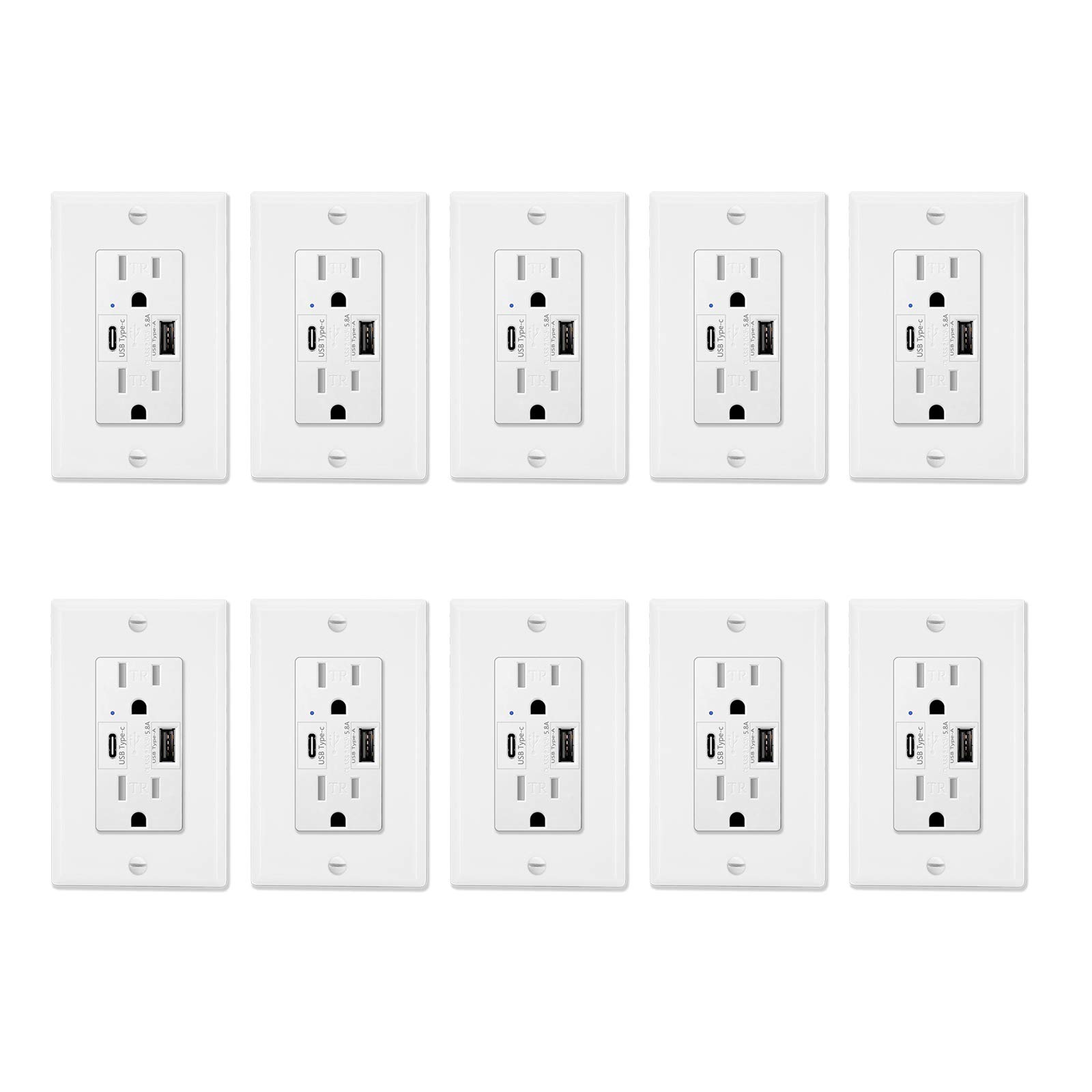 Fast Charging USB C Outlet with Type A & C Ports - 5.8A High-Speed Charger Receptacle, Tamper-Resistant Wall Plate, UL Listed (10 Pack, White) - Perfect for Home, Office & Hotel Installations