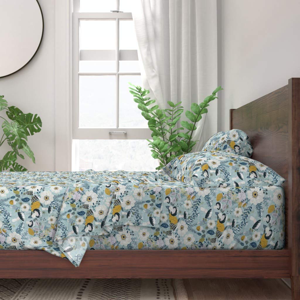 Premium 100% Cotton Twin 3-Piece Sheet Set - Floral Botanical Pine Cone Mushroom Leaves Snow Woodland Print Bedding | Soft Breathable Comfort for Home, Dorm & Guest Room Decor