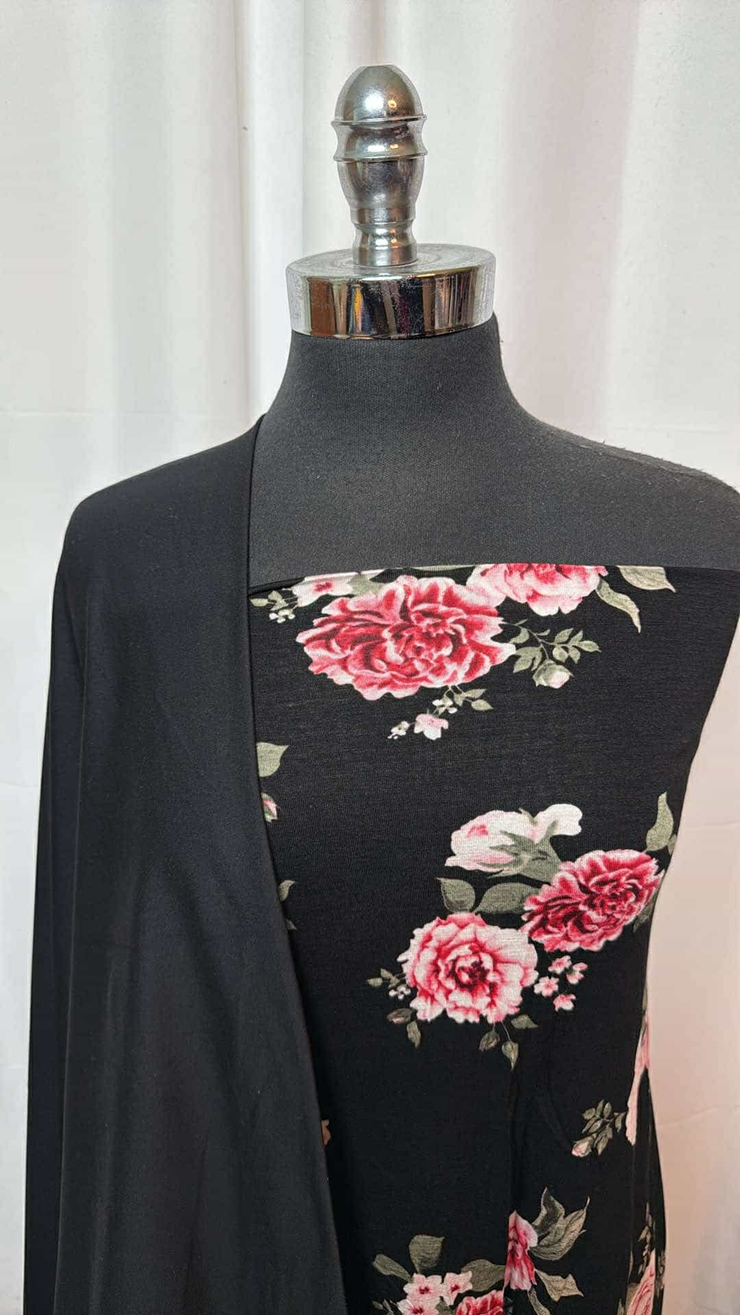 BLACK/BLACK FLORAL BUNDLE : 2 Yards Black Floral Rayon Spandex & 1 Yard Solid Black Peached Polyester Fabric - Perfect for DIY Dresses, Skirts, and Fashion Sewing Projects - A26974