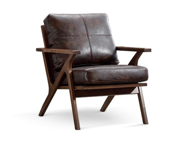Bonzy Home PU Leather Small Accent Chair - Mid Century Modern Comfy Armchair with Solid Wood Frame & Removable Cushions - Retro Leisure Reading Chair for Living Room, Bedroom, Office & Dorm - Perfect for Relaxing, Reading & Decorating