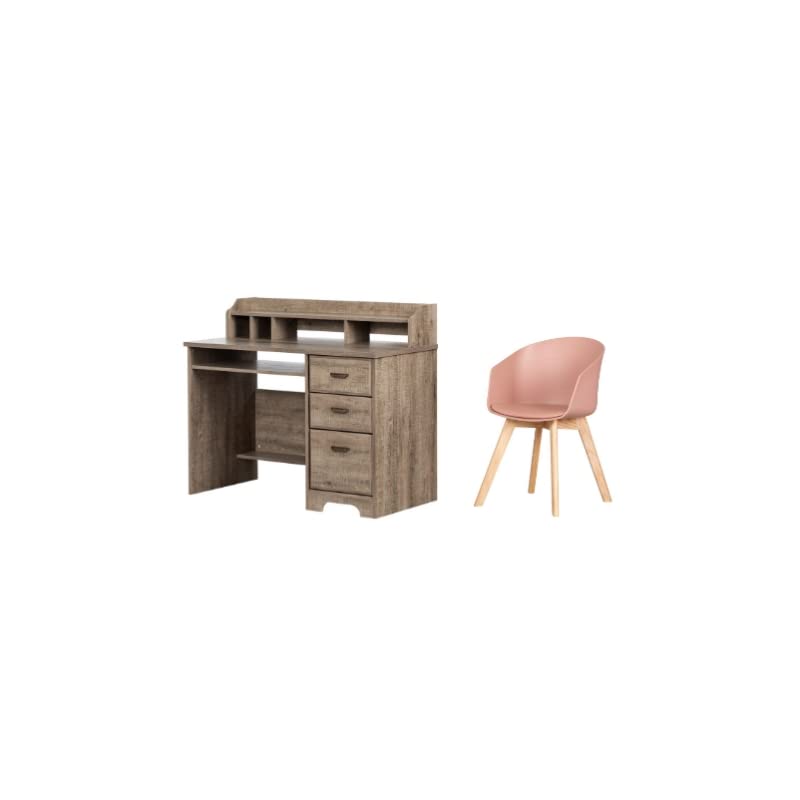 South Shore Versa Weathered Oak Desk with Pink Wooden Leg Chair Set - Modern Home Office Furniture for Work & Study