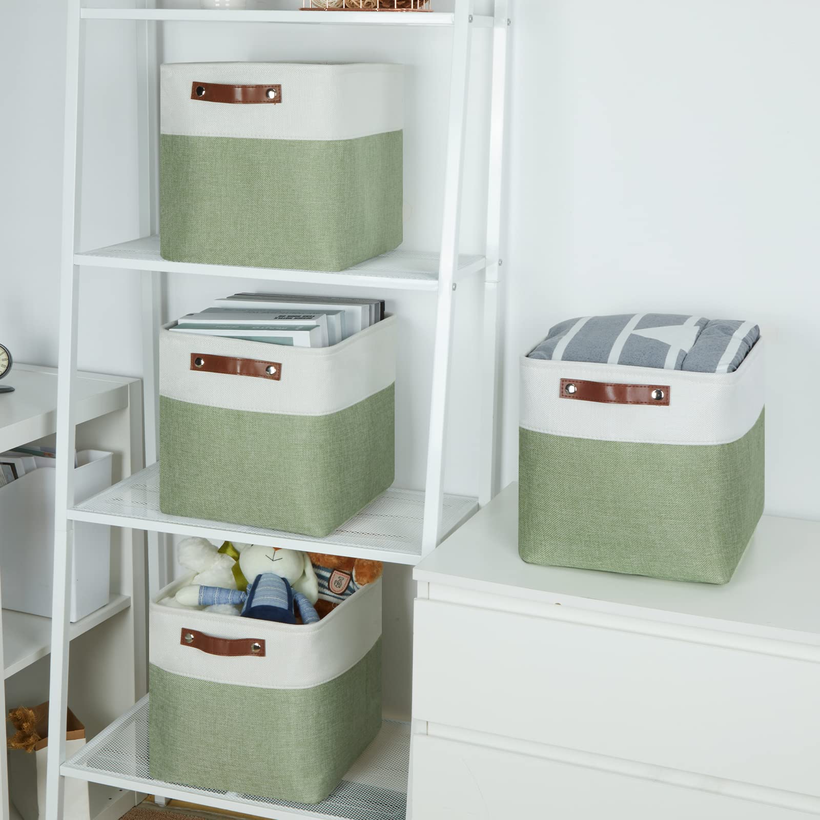 11 Inch Fabric Storage Baskets 4-Pack - White & Green Cube Organizer Bins with Handles for Shelves, Clothes, Toys & Home Decor | Perfect for Bedroom, Closet & Nursery Organization