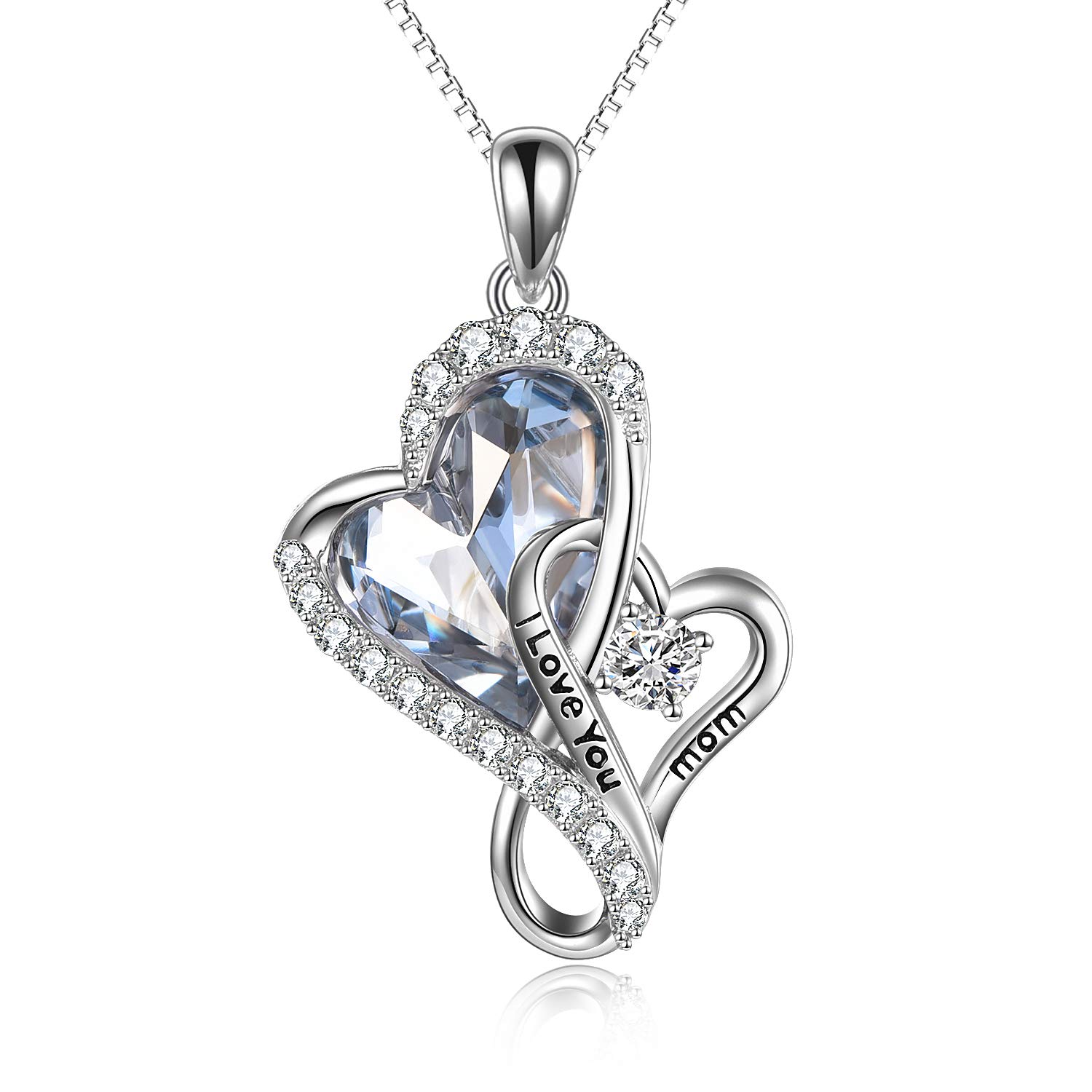 TOUPOP 925 Sterling Silver 'I Love You Mom' Pendant Necklace with Blue Heart Crystal - Elegant Birthday & Mother's Day Jewelry Gift for Women, Mom, Mother | Perfect for Special Occasions, Anniversaries & Heartfelt Surprises