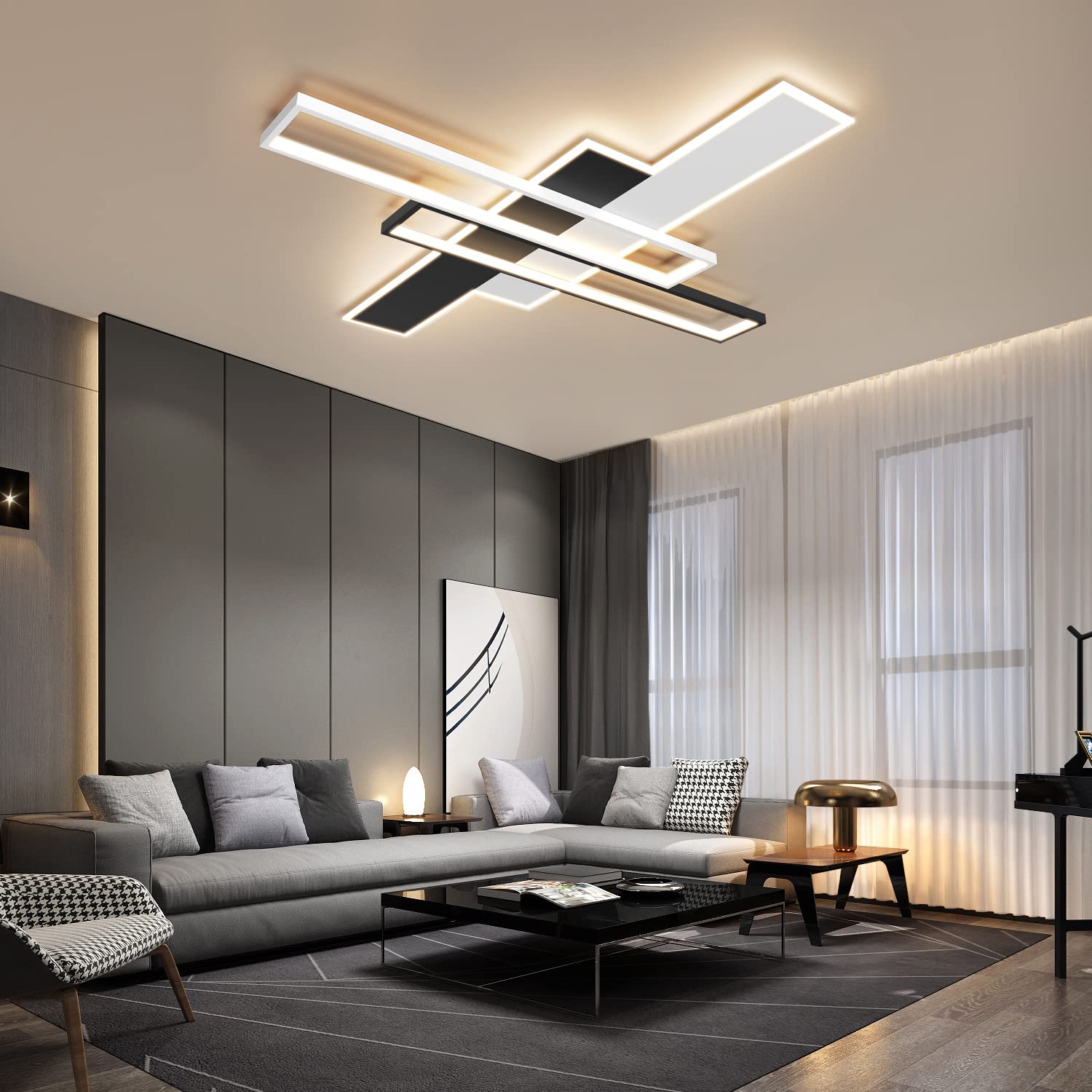 85W LED Ceiling Light Fixture with Remote - Black Square Acrylic Modern Flush Mount Lamp, Dimmable 3000K-6000K for Bedroom, Kitchen, Living Room & Study - Perfect for Ambient Lighting and Home Decor