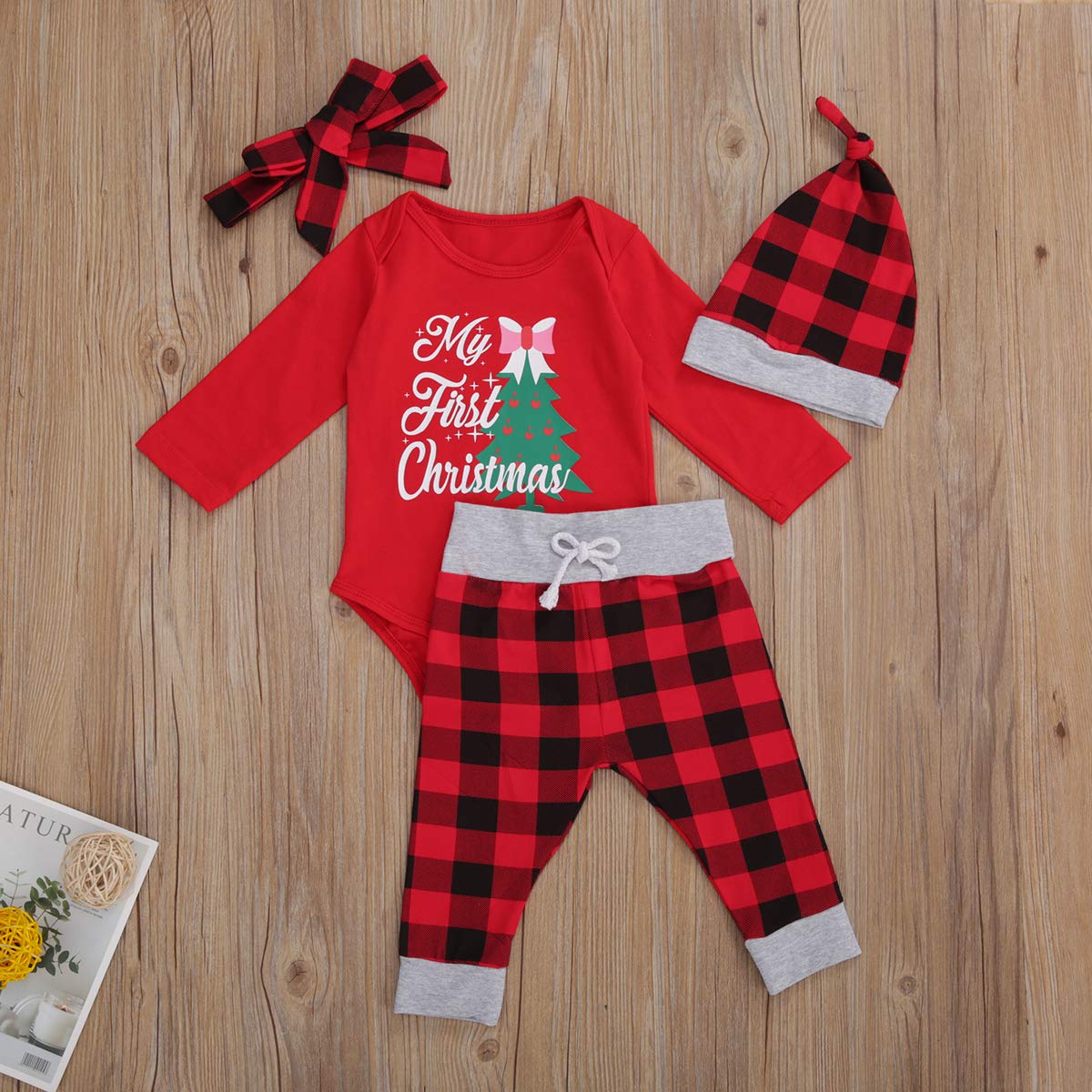 Thorn Tree Christmas Newborn Baby Clothes Set - Long Sleeve Romper & Striped Plaid Pants Unisex Outfit for Boys & Girls | Perfect for Holiday Photos & Family Gatherings