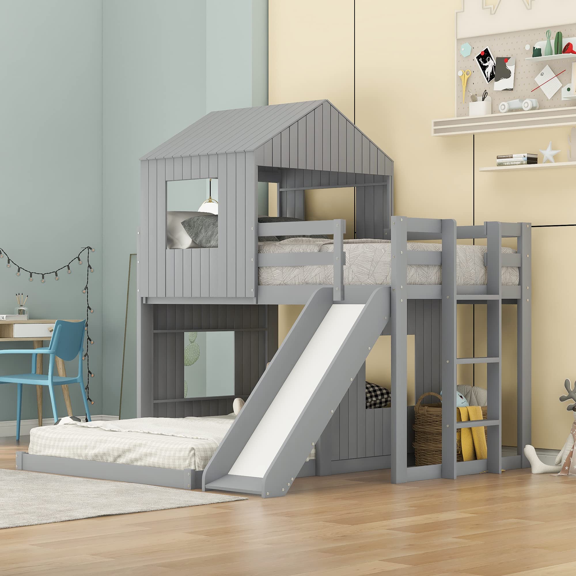 Wooden Loft Bed with Playhouse - Twin Over Full Bunk Bed for Kids, Farmhouse Style with Ladder, Slide & Safety Guardrails - No Box Spring Needed (Grey) - Perfect for Small Bedrooms, Playrooms & Kids' Sleepovers