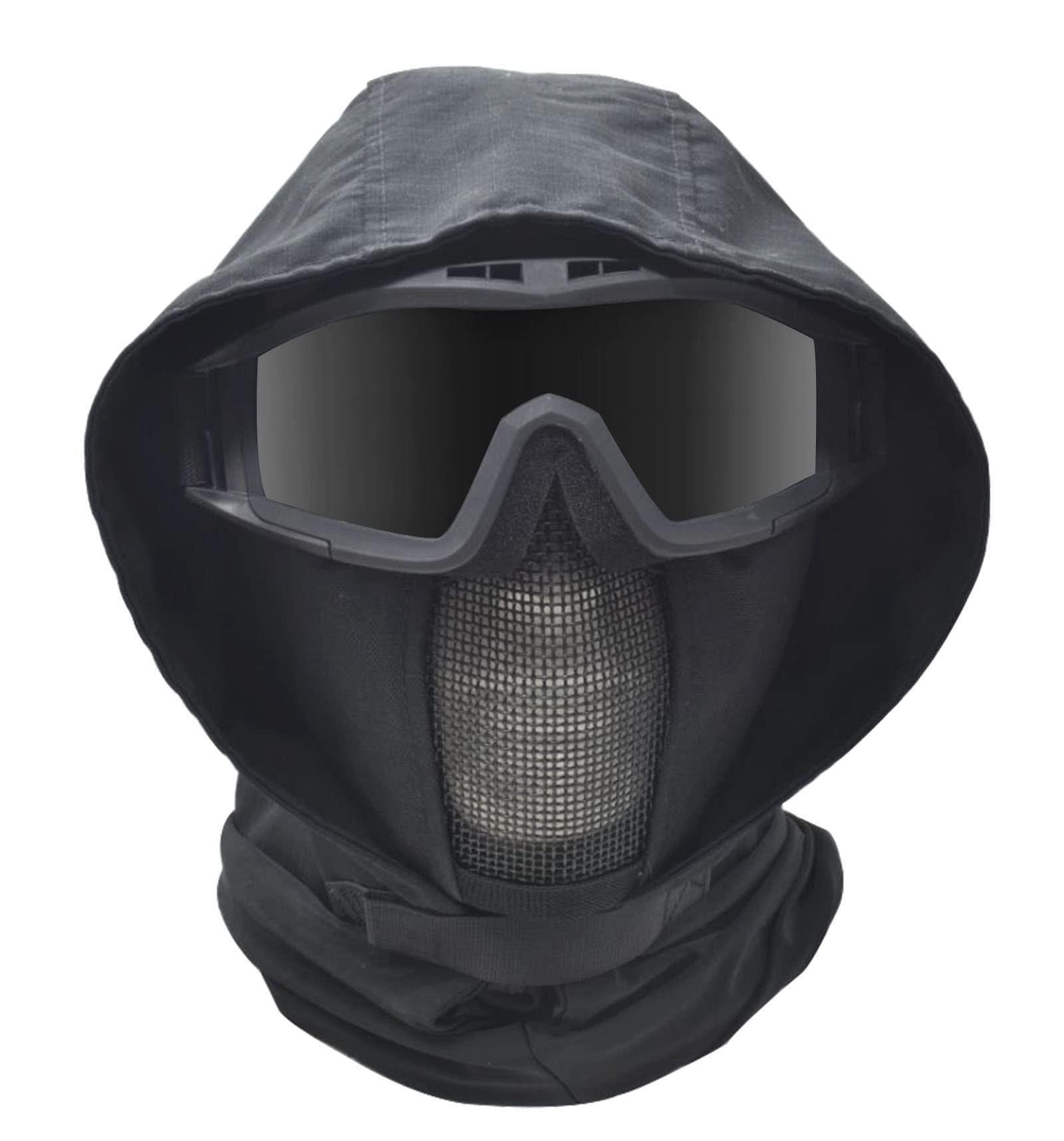 Foldable Half Face Airsoft Mask with Goggles & Hood - Tactical Paintball Protective Gear for Shooting, Airsoft & Outdoor Sports - Adjustable Mesh Lower Face Protection
