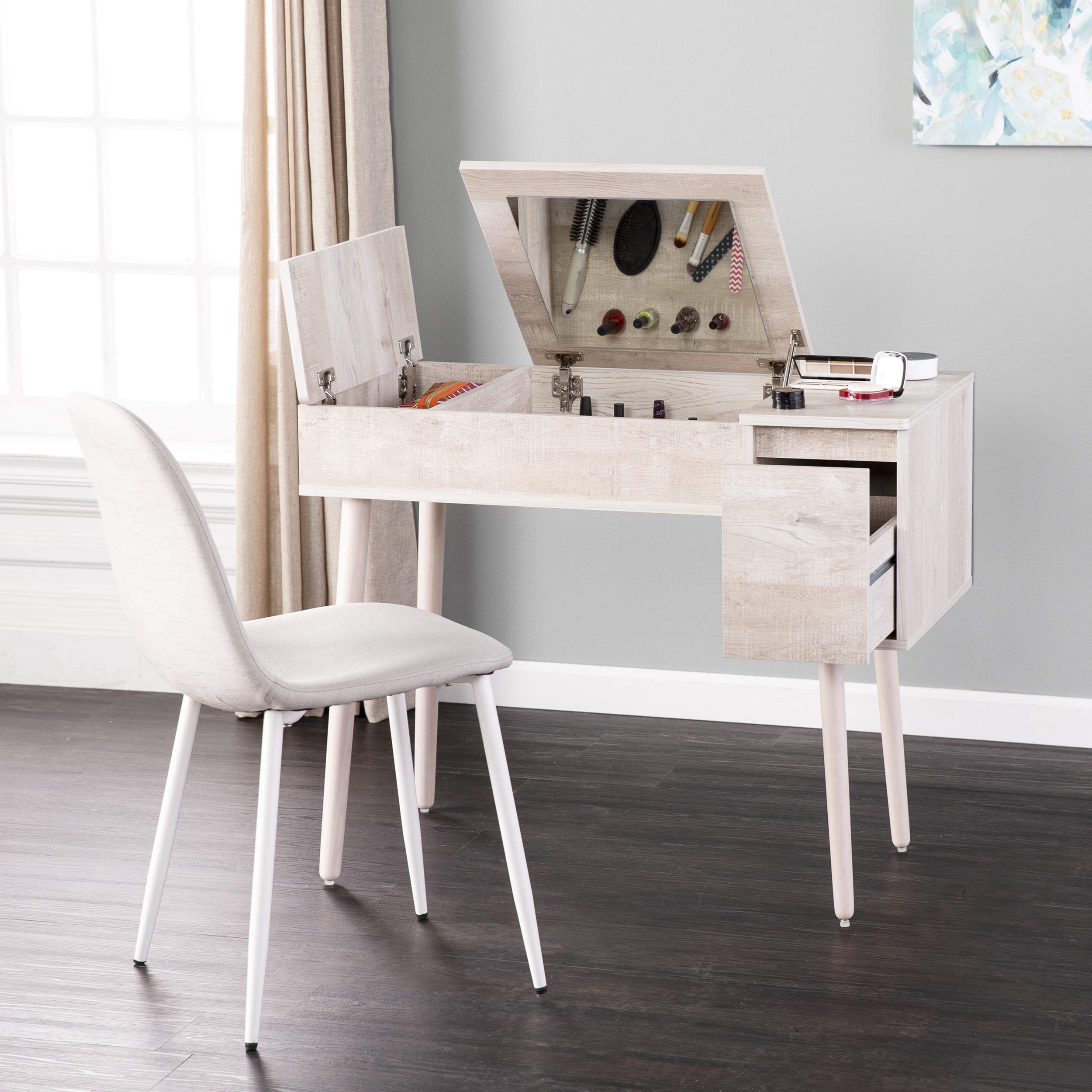 SEI Furniture Harzen Vanity Desk - Graywashed Finish, Modern Writing Desk with Drawers for Home Office, Bedroom & Dressing Room