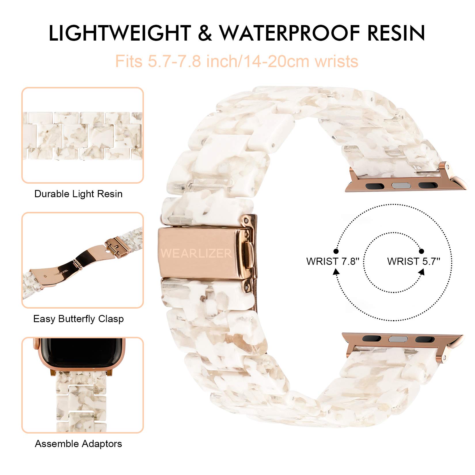 Lightweight Resin Apple Watch Band Compatible with Series 10/9/8/7/6/5/4/3/2/1/SE - 38/40/41/42mm Women's Wrist Strap Bracelet (White) | Perfect for Workouts, Office & Everyday Wear
