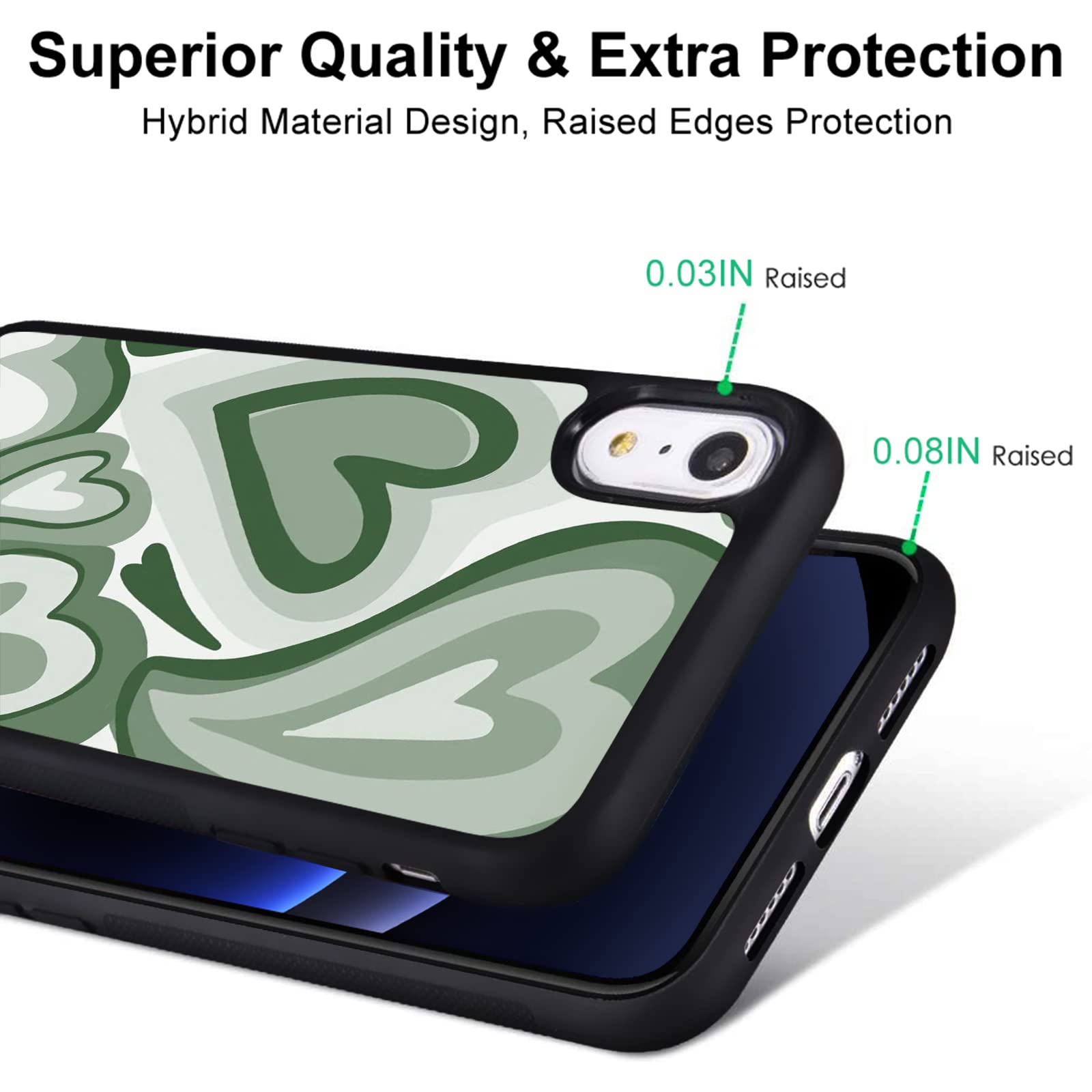 Cute Green Love Heart Print Soft TPU Hard Back Shockproof iPhone 13 Pro Max Case for Women - Anti-Scratch Protective Cover with Durable Design, Perfect for Everyday Use, Travel & Gift Giving