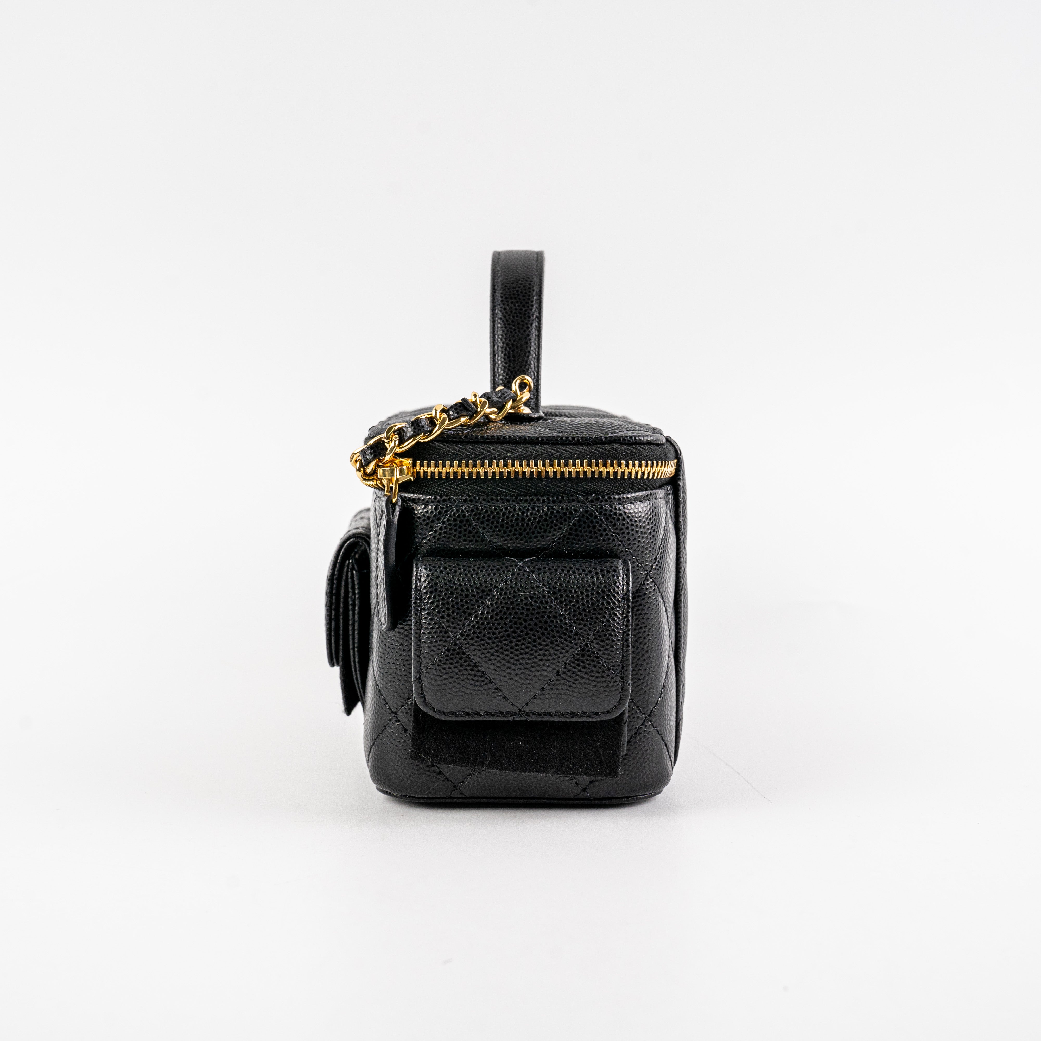 Chanel Caviar Multi Pocket Vanity Bag Black Microchip Leather Crossbody - Perfect for Travel, Parties & Everyday Luxury